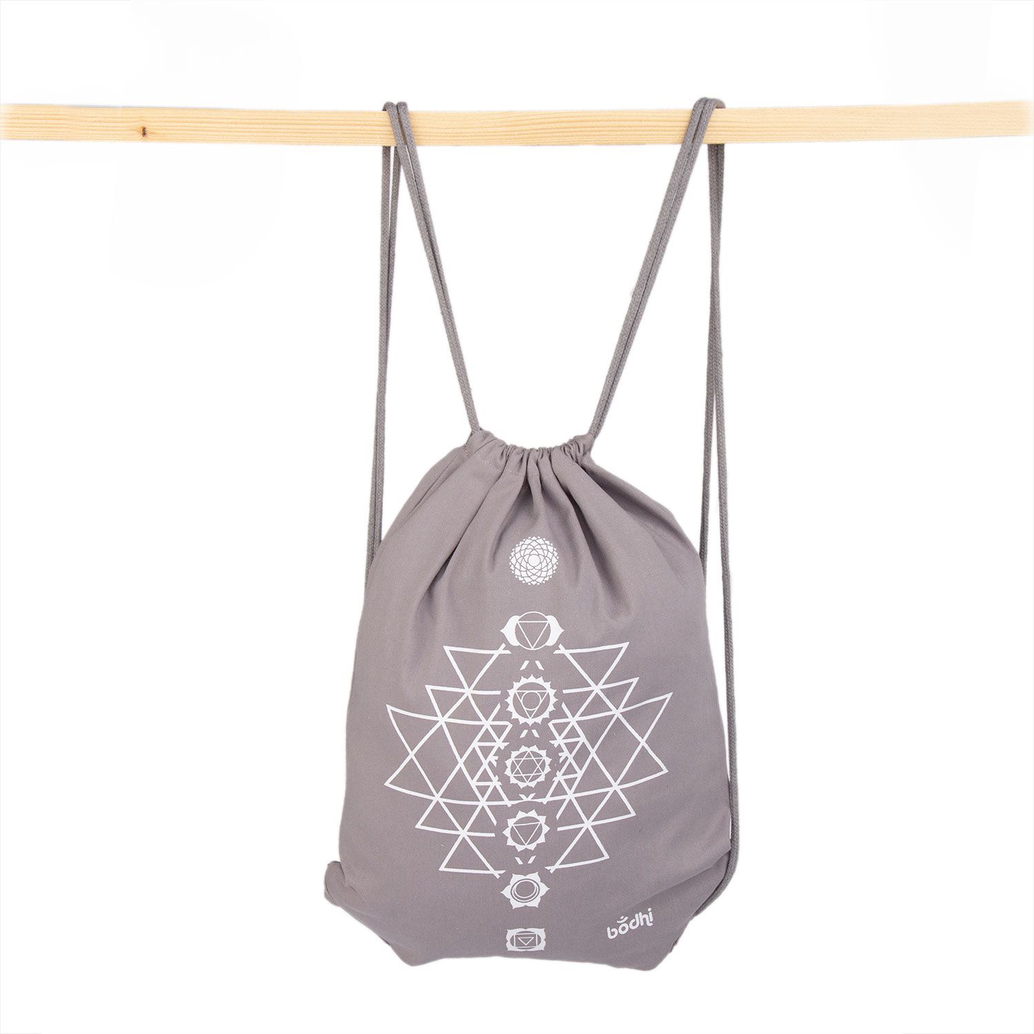 bodhi Turnbeutel GymBag YANTRA CHAKRAS, grau mit weißem Print, 100% Baumwolle