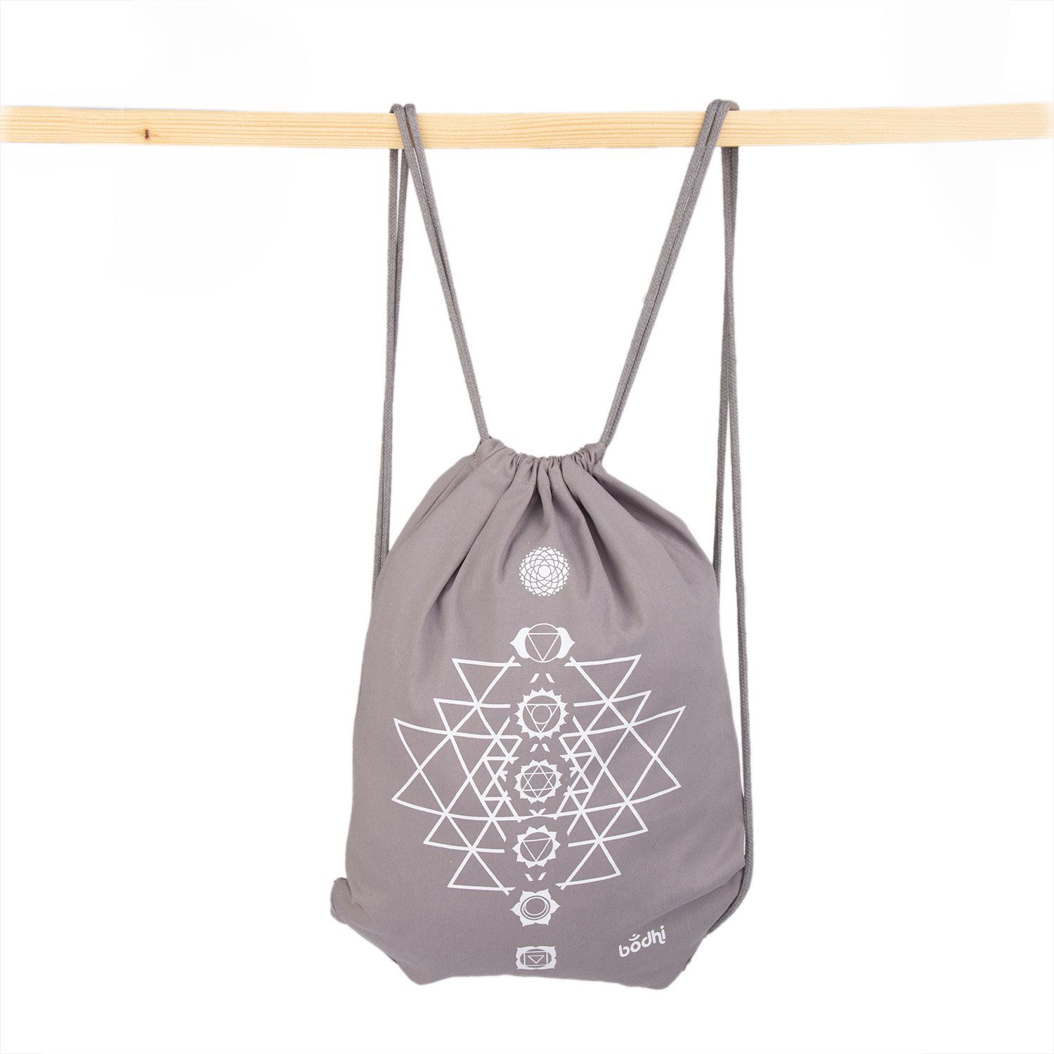 Turnbeutel Bodhi GymBag Yantra Chakras, grau mit weißem Print, 100% Baumwolle