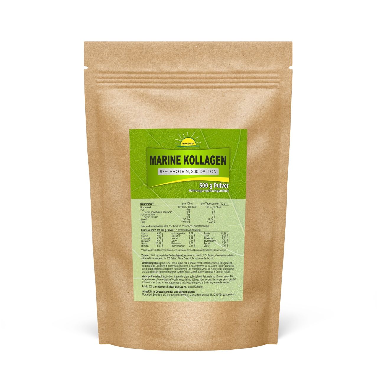 Bonemis® Marine Kollagen (97% Protein), ultra-niedermolekular (300 Dalton), Pulver im Beutel 0,5 kg