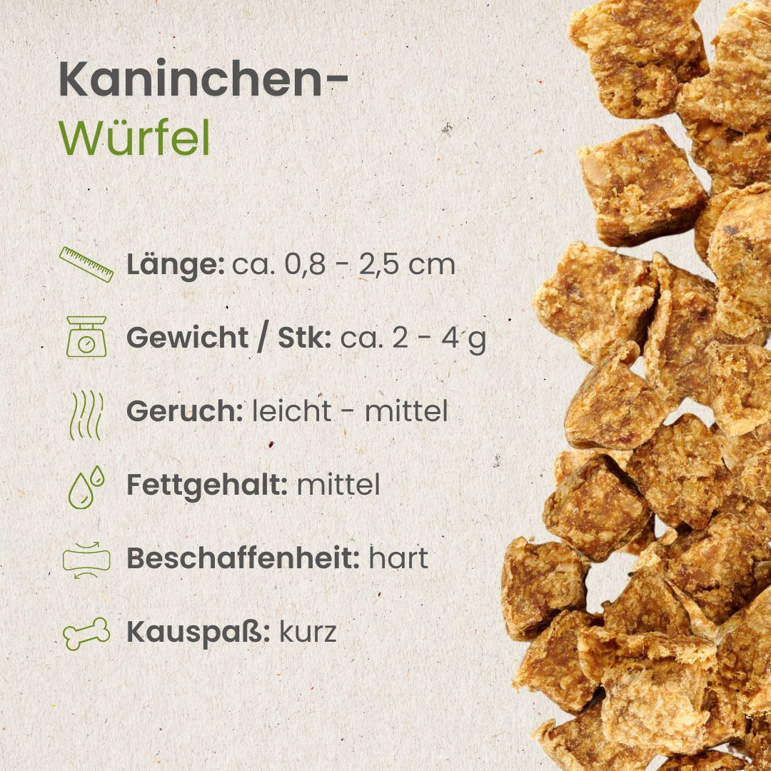 Kaninchen-Würfel, ca. 0,8-2,5 cm lang, hart, leicht bis mittel riechend.