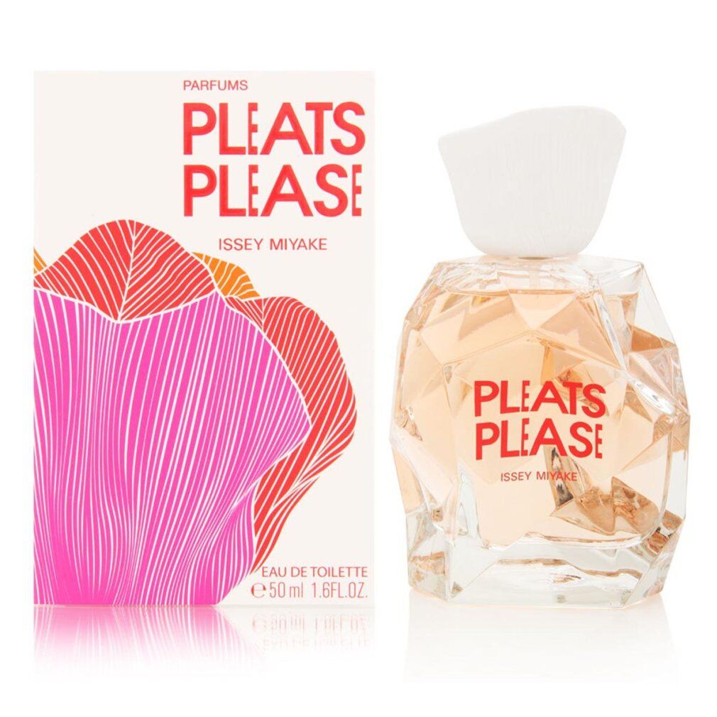 Parfümflakon und Verpackung. Aufschrift: Pleats Please Issey Miyake. Verpackung mit rosa Muster.