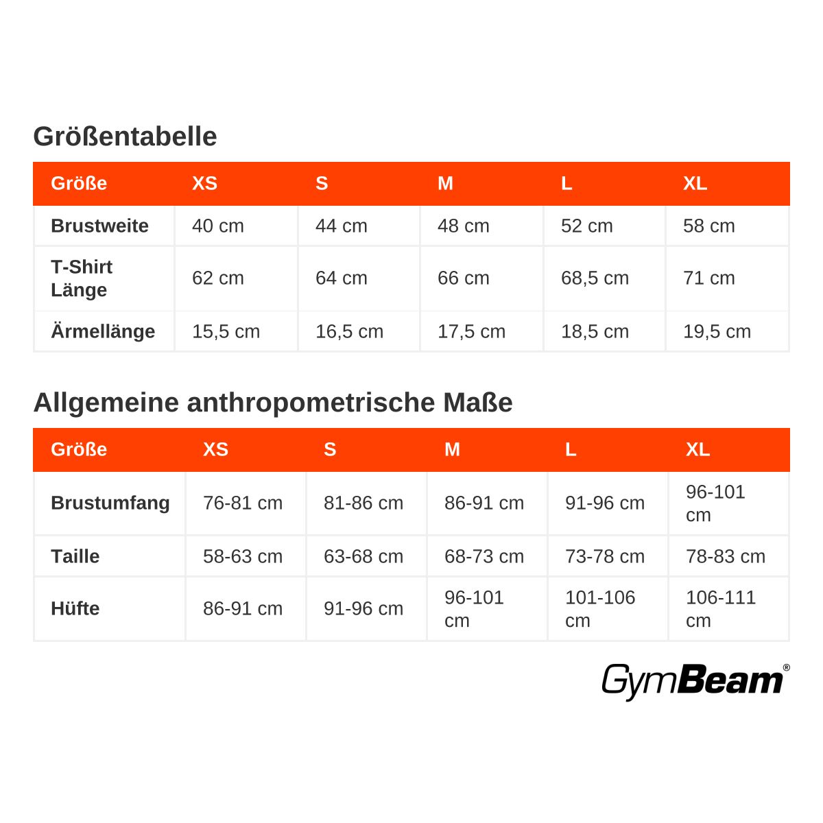Größentabelle für T-Shirts und allgemeine Maße mit Größen XS bis XL.
