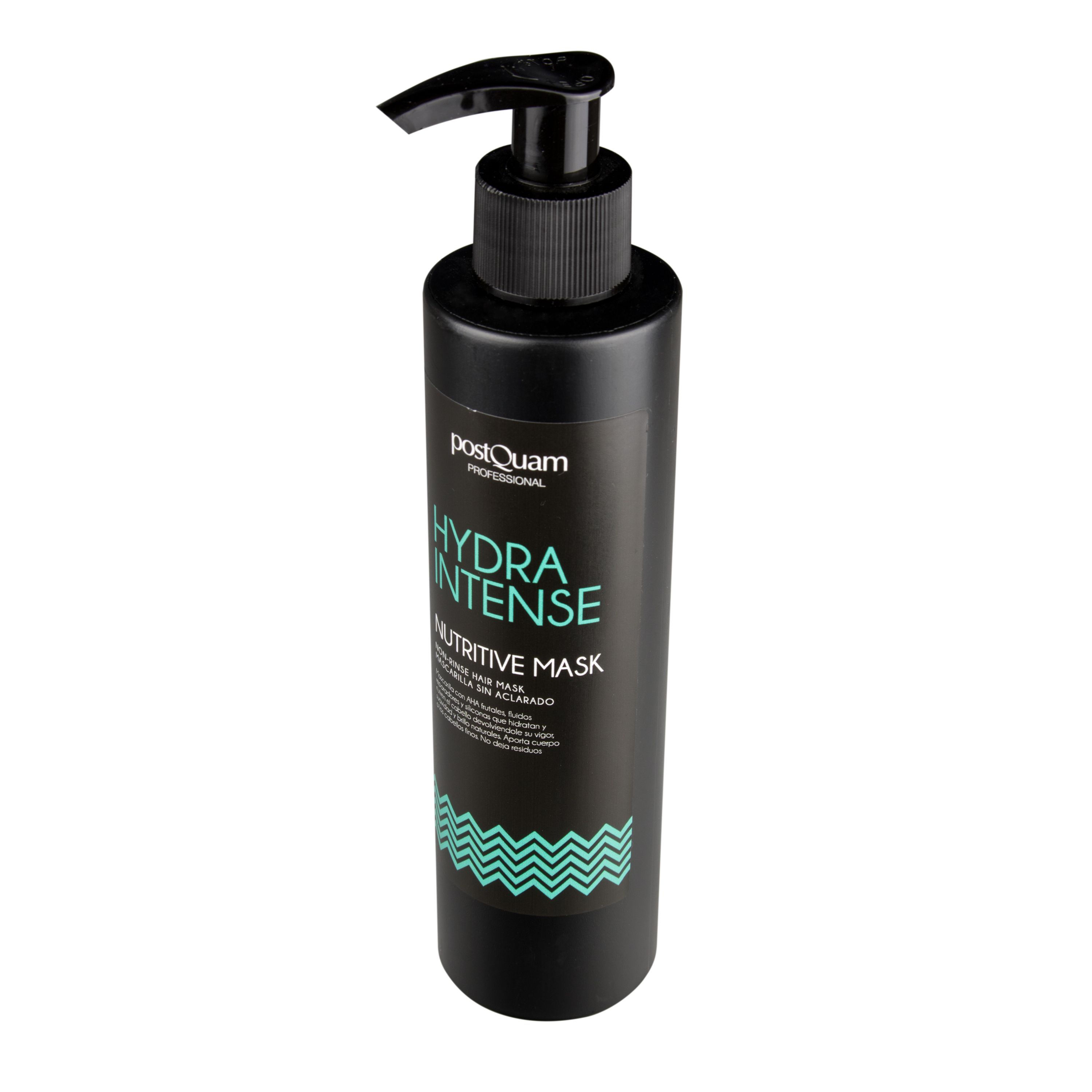 Schwarze Flasche mit Pumpe. Aufschrift: Hydra Intense Nutritive Mask. Türkisgrünes Zickzackmuster. Marke: postQuam Professional.