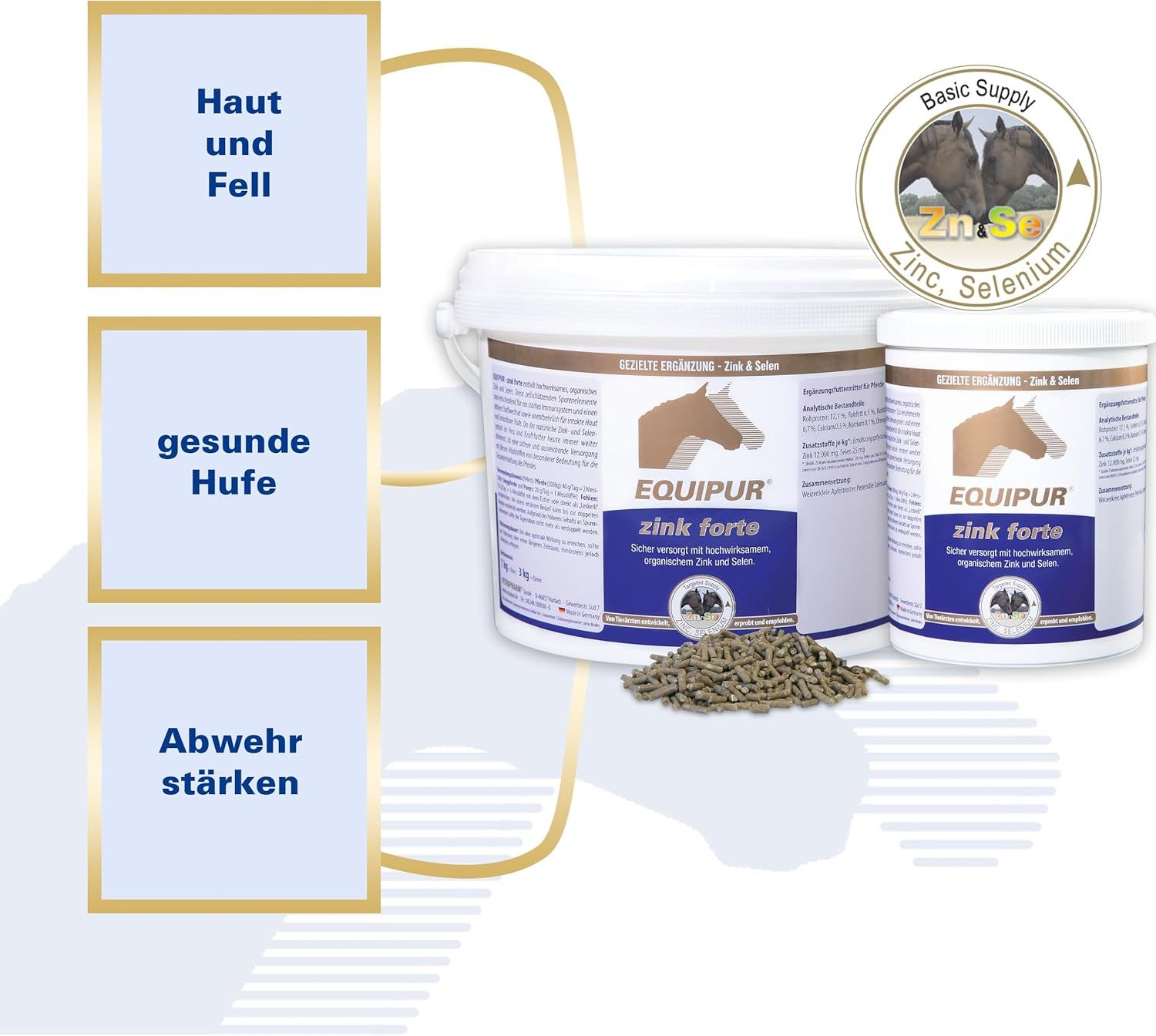 Zwei Behälter EQUIPUR zink forte. Ein großer und ein kleiner Eimer. Futterpellets liegen daneben. Logo mit Pferden.