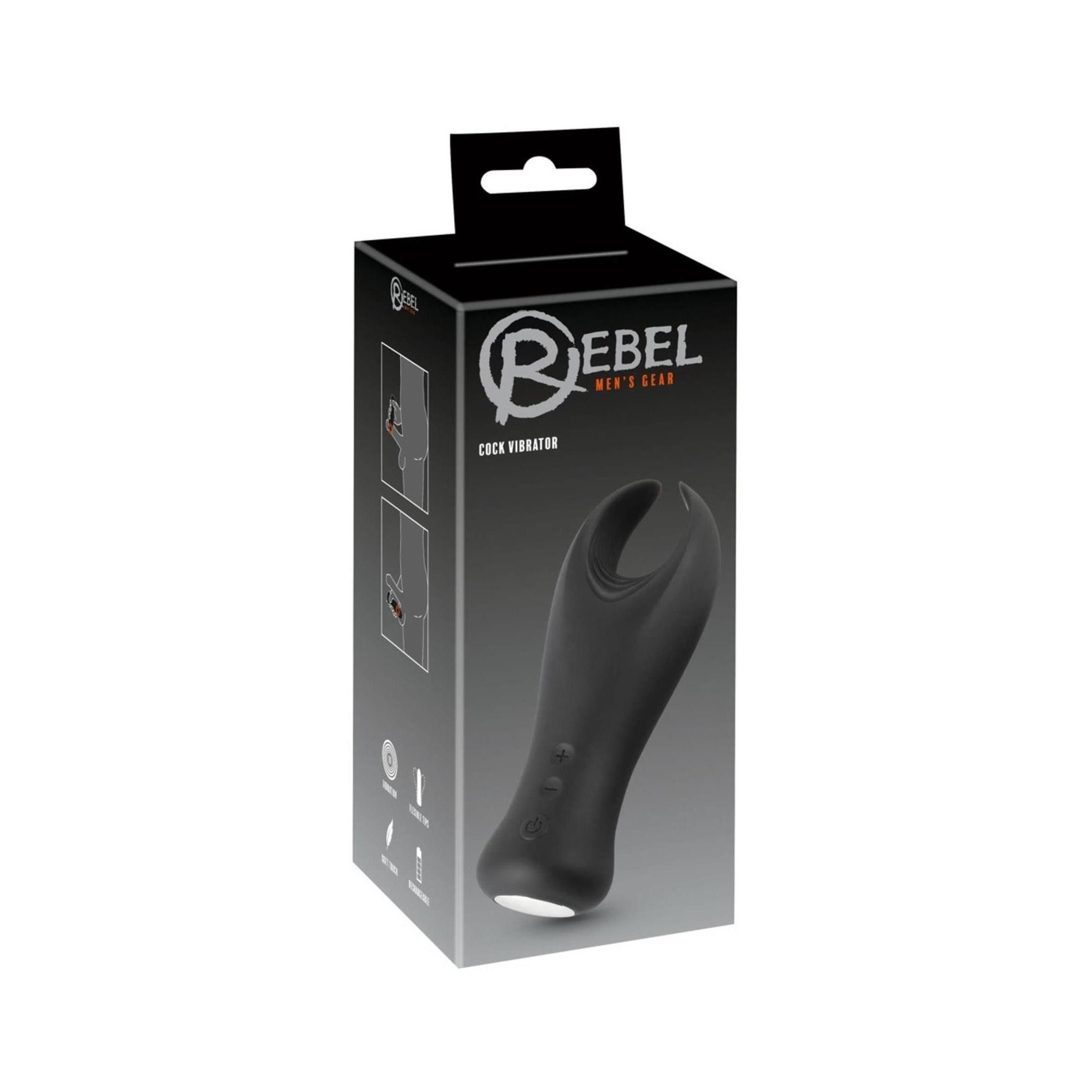 Verpackung für den Cock Vibrator. Schwarze Box mit Produktabbildung und Logo. Text: Rebel, Men's Gear.