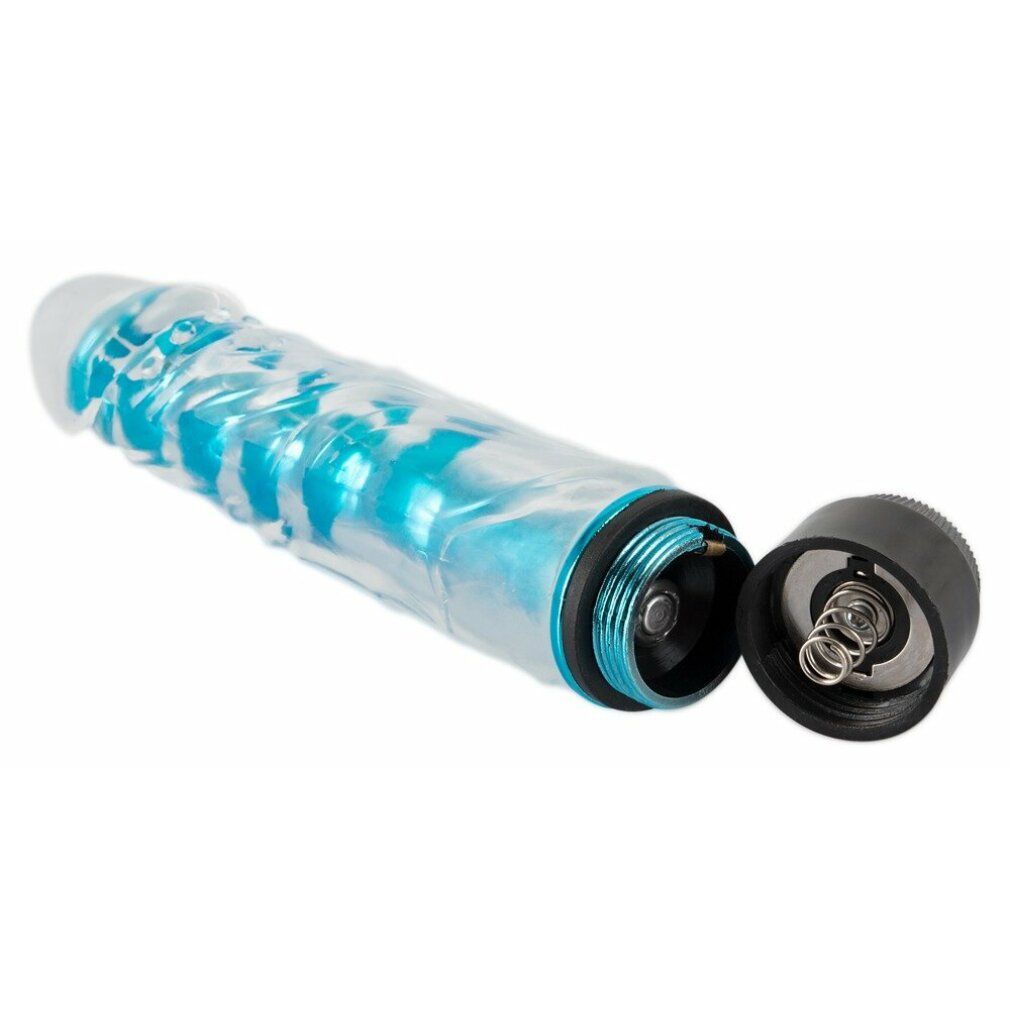 Vibrator mit geöffnetem Batteriefach. Innenliegende Batterien und Federn sichtbar. Transparenter blauer Schaft.