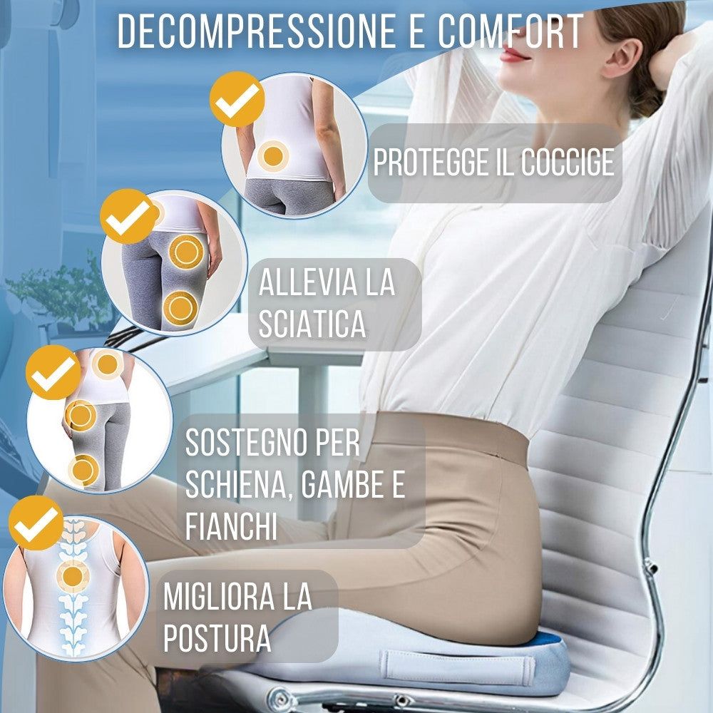 Cuscino blu con foro. Etichette: tessuto traspirante, memory foam, fodera rimovibile, ecc.