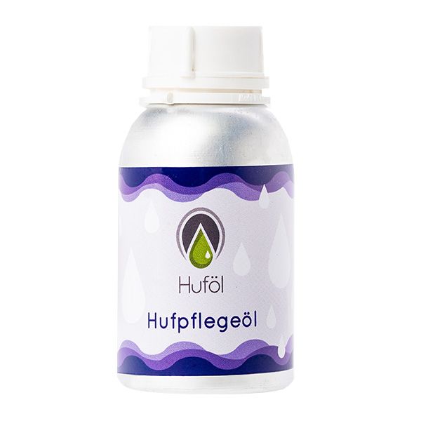 Flasche mit weißem Deckel und Etikett. Etikett mit lila Wellen, Tropfen und Logo. Text: Huföl Hufpflegeöl.