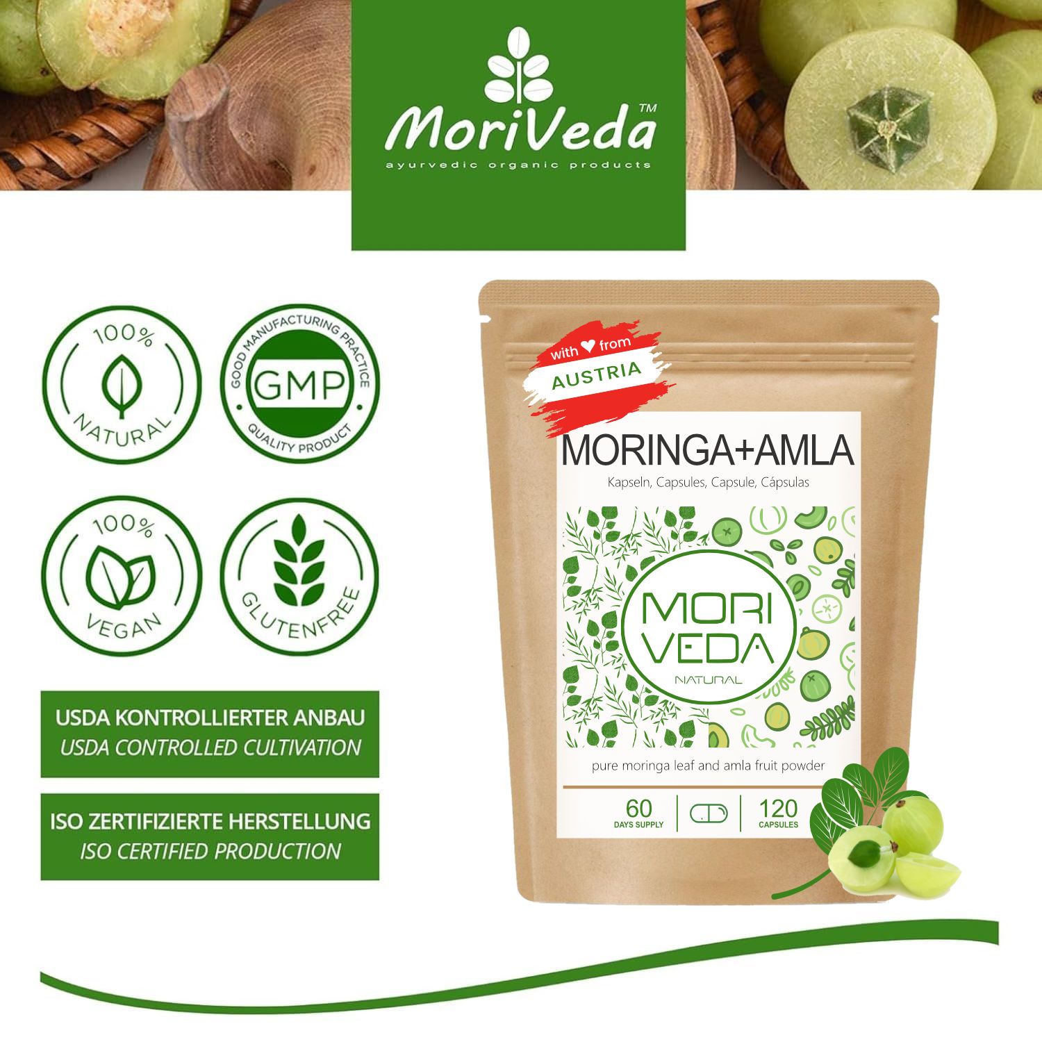 Beutel mit Moringa+Amla Kapseln. Logo Moriveda. Siegel: 100% natürlich, vegan, glutenfrei. Mit „Austria“ Siegel.