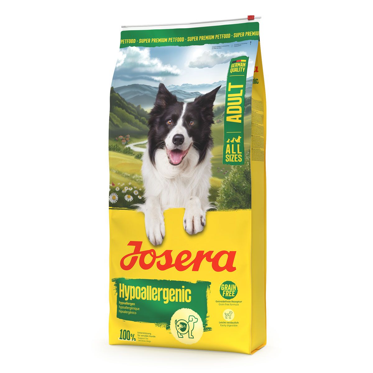 JOSERA Hypoallergenic Adult Hundefutter-Sack mit Hundebild und "Grain Free"-Siegel.