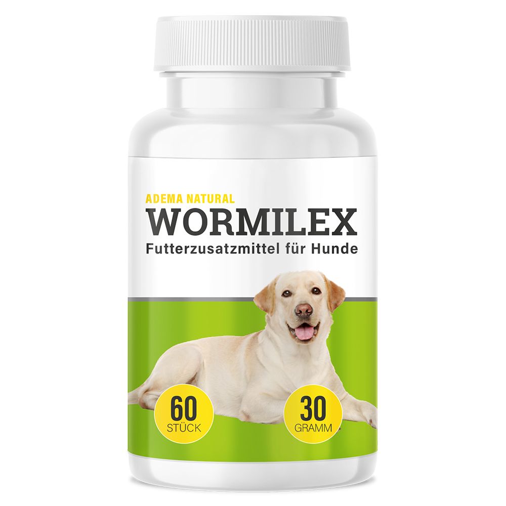 Weiße Flasche mit Produktetikett. Text: Adema Natural Wormilex, Futterzusatzmittel für Hunde. 60 Stück, 30 Gramm. Hund.