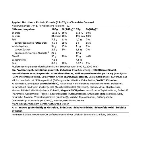 Nährwerttabelle eines Protein Crunch Bar. Angaben zu Energie, Fett, Kohlenhydraten, Eiweiß und Salz. Enthält Zutatenliste.