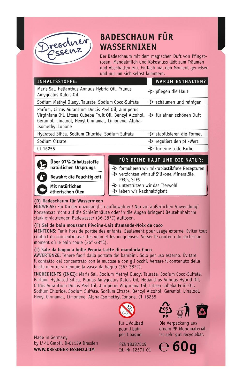 Achterkant van de verpakking. Tekst: Badschuim voor zeemeerminnen. Ingrediënten, gebruiksaanwijzing, waarschuwingen. Merk: Dresdner Essenz. Gewicht: 60g.