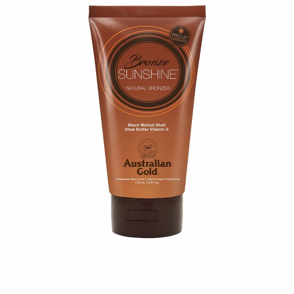 Braune Tube mit Bronze Sunshine Natural Bronzer. Text: Black Walnut Shell, Shea Butter, Vitamin E. Marke: Australian Gold. Pro-UV-Siegel.