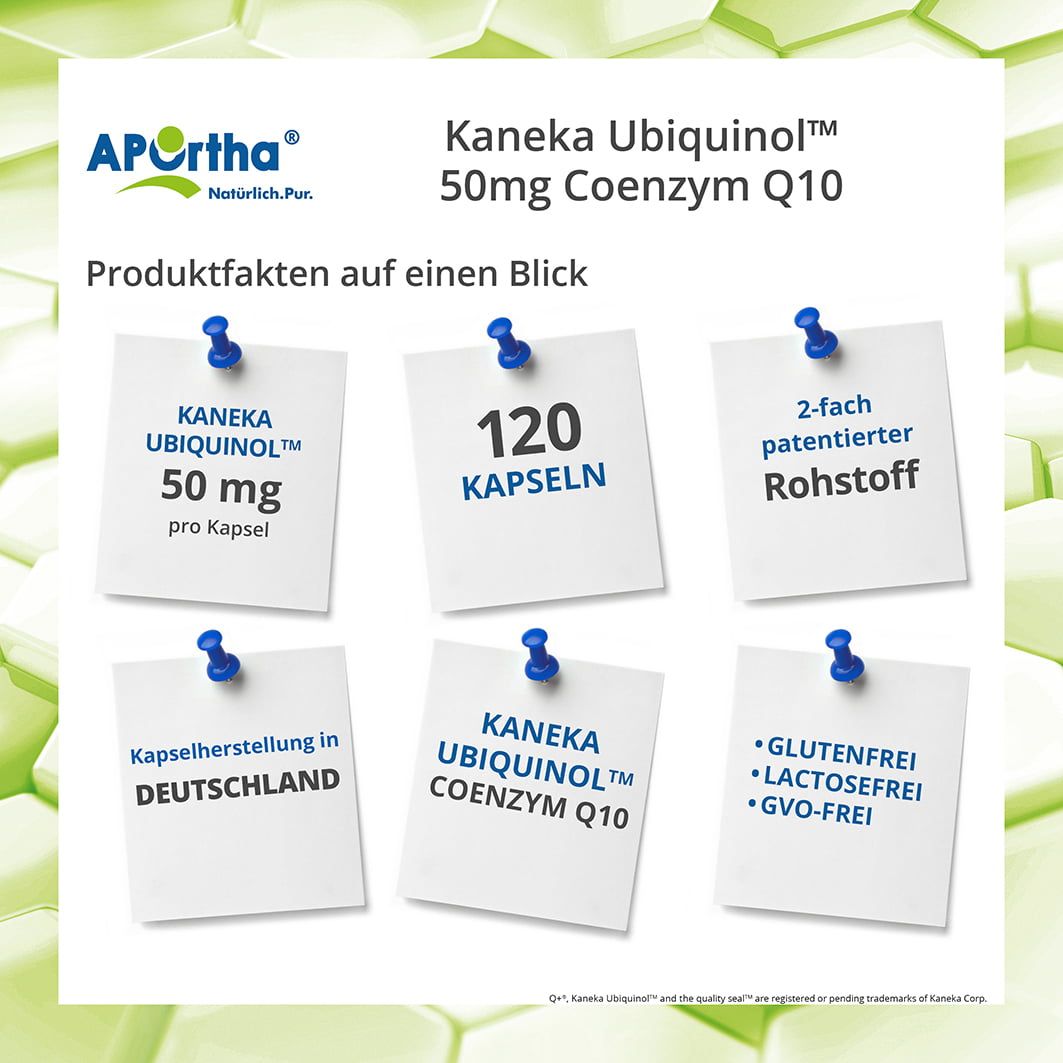 Infografik mit Notizzetteln. Enthält Informationen zu Kaneka Ubiquinol™ 50 mg, 120 Kapseln, 2-fach patentierter Rohstoff, glutenfrei, laktosefrei, GVO-frei.