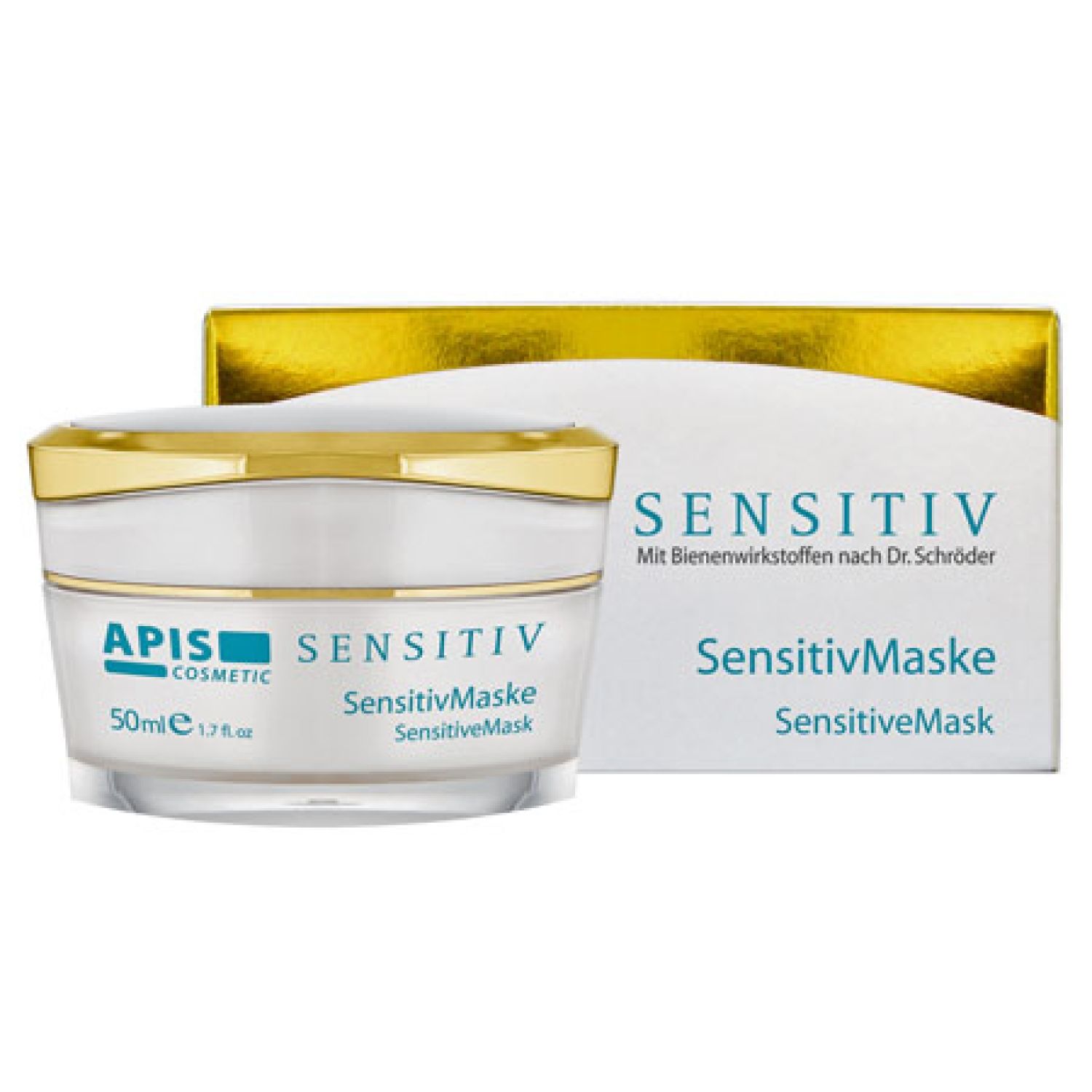 Creme-Tiegel und Karton. Aufschrift: APIS COSMETIC SENSITIV Maske. 50ml. Goldfarbener Deckel.