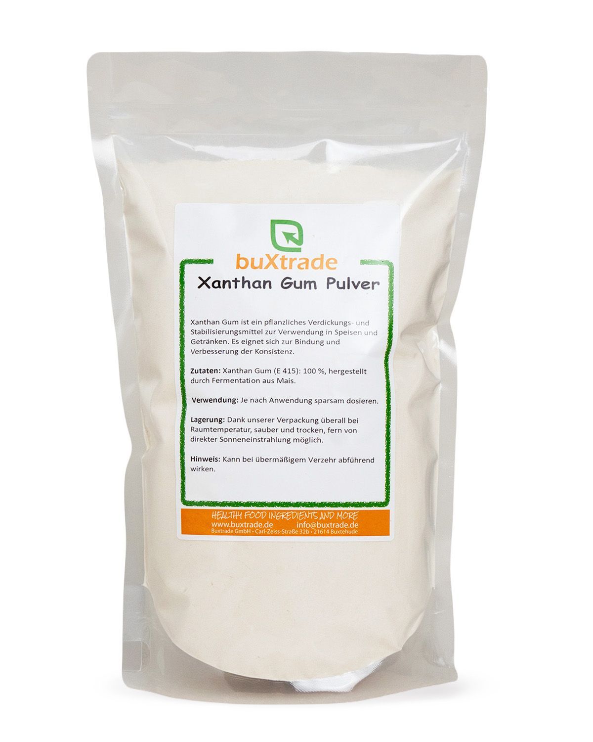 Verpackung mit buxtrade Xanthan Gum Pulver. Enthält Informationen zu Zutaten und Lagerung.