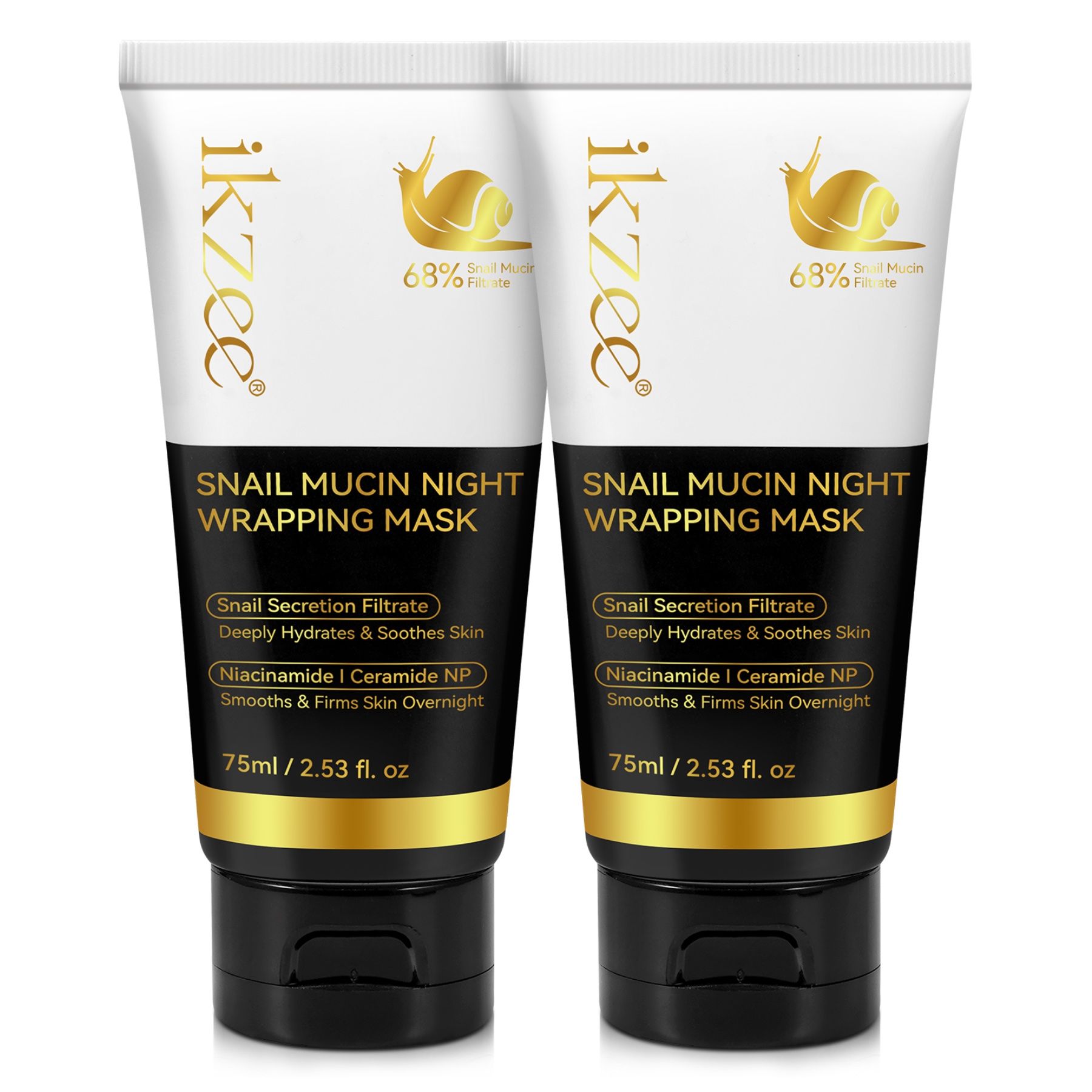 Zwei Tuben. Text: Snail Mucin Night Wrapping Mask. Enthält 69% Schneckensekret-Filtrat. 75ml/2.53 fl. oz. Schwarz-goldene Verpackung.
