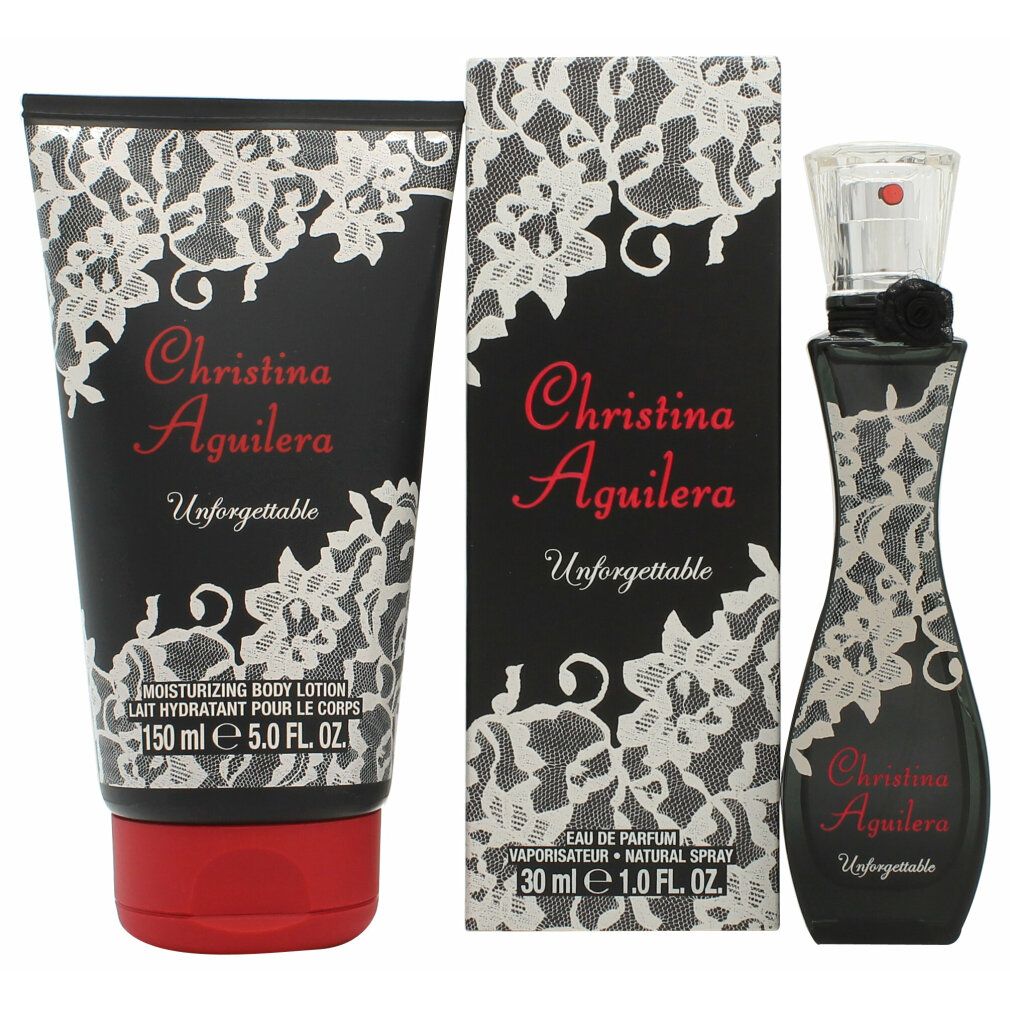 Geschenkset mit Körperlotion und Eau de Parfum. Schwarze Flakons mit Spitze und Schriftzug Christina Aguilera Unforgettable.