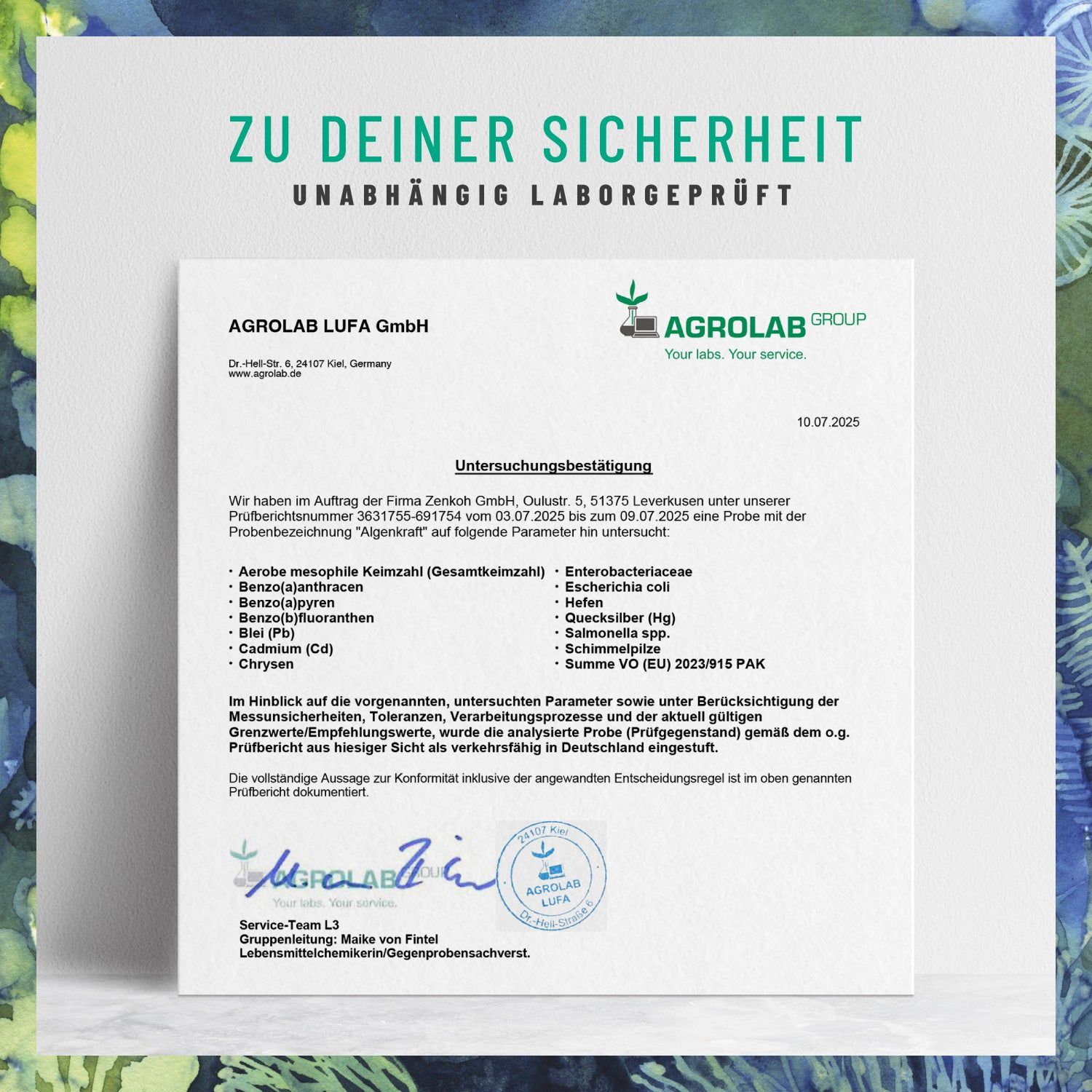 Zertifikat der Agrolab LUFA GmbH. Text: "Unabhängig laborgeprüft".