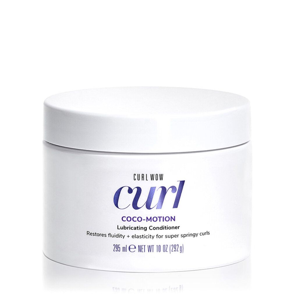 Weißer Behälter mit Curl Wow Coco-Motion schmierendem Conditioner. 295 ml.