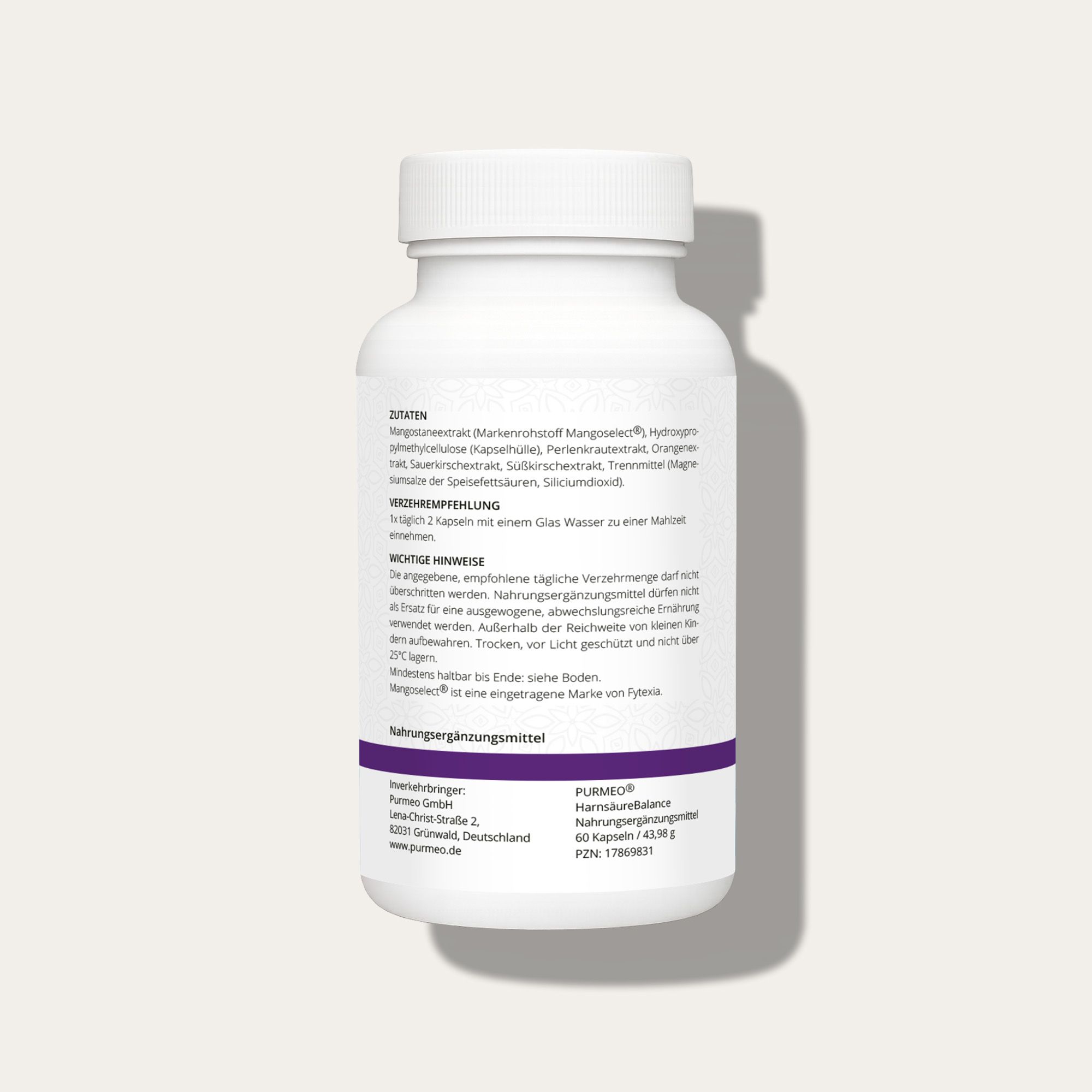 Weiße Flasche mit lila Etikett. Enthält Zutaten und Anwendungshinweise. Hergestellt in Deutschland.