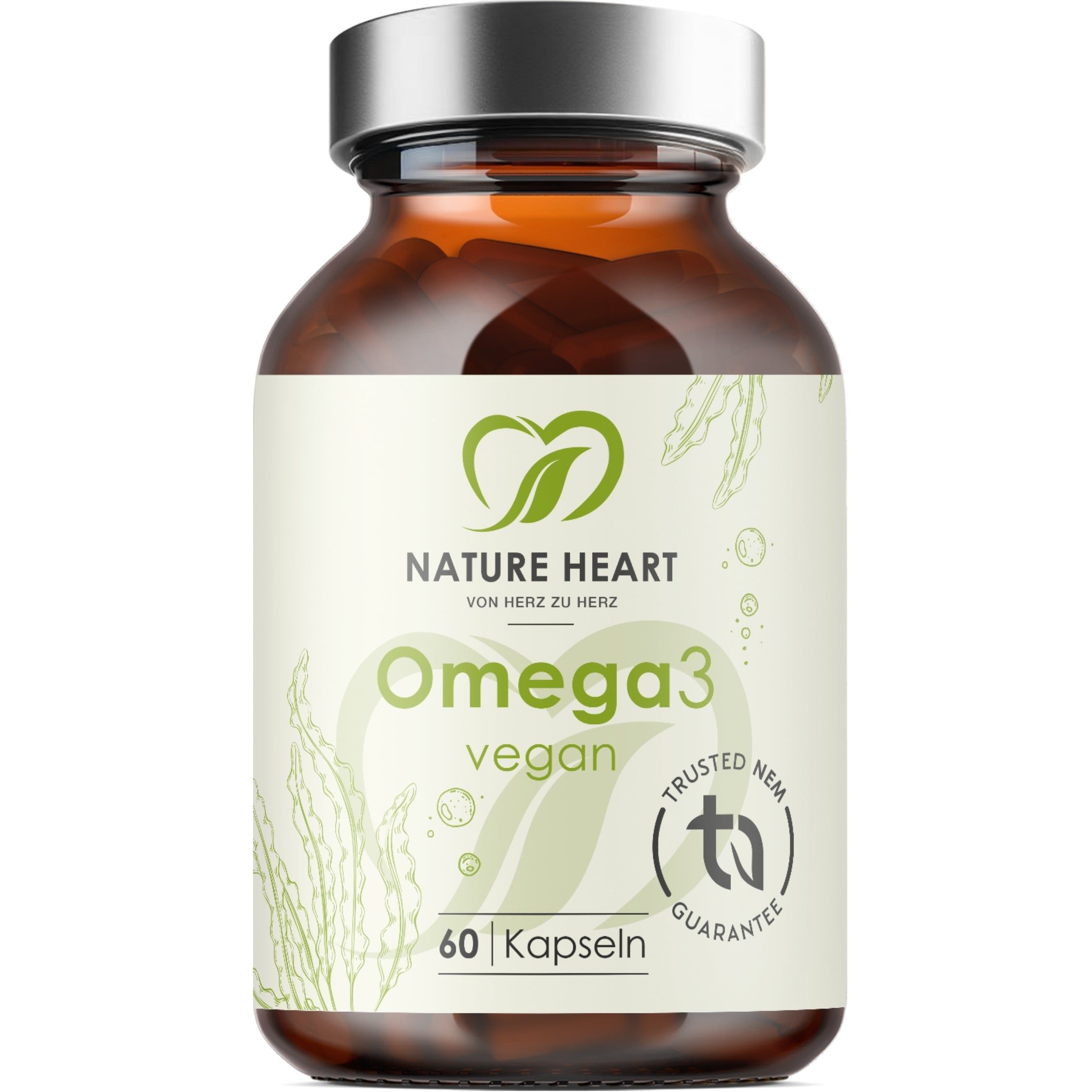 Nature Heart Omega 3 vegan Kapseln in Braunglasflasche, 60 Stück.