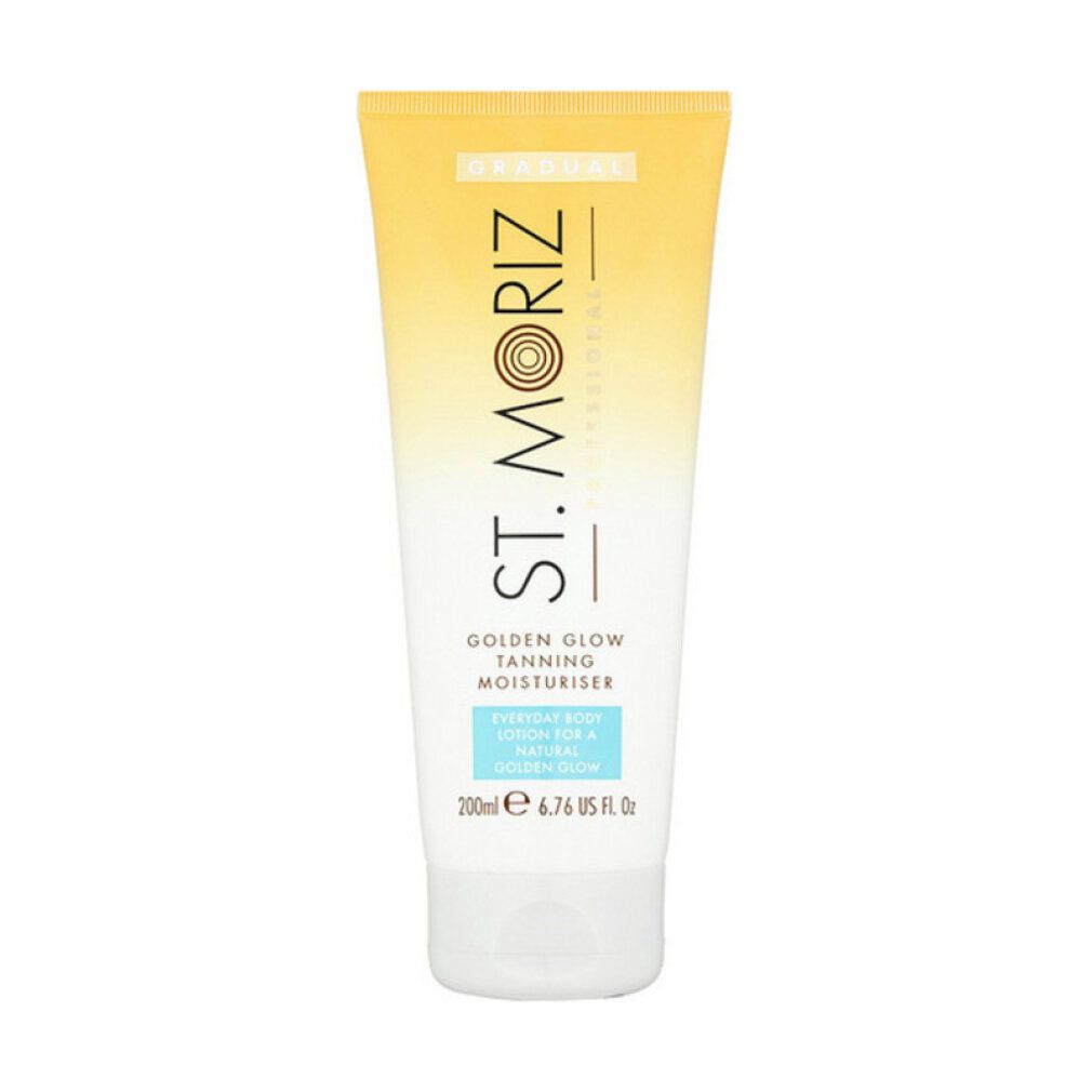 Tube mit St. Moriz Golden Glow Tanning Moisturiser. Gelb-weiße Farbverlauf, Produktname und Details. 200ml.