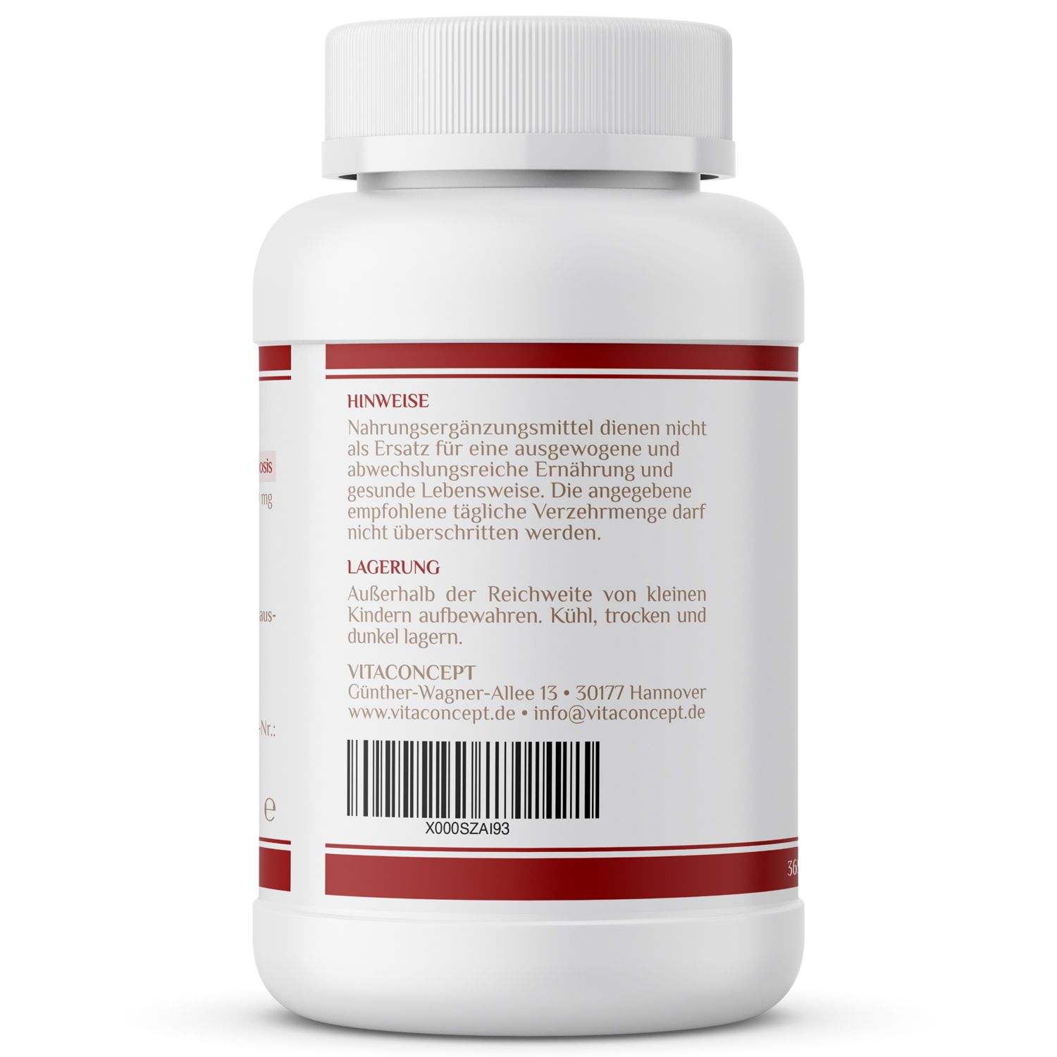 Rückseite einer weißen Flasche mit rotem Streifen. Text: Hinweise, Lagerung, VITACONCEPT, Barcode.