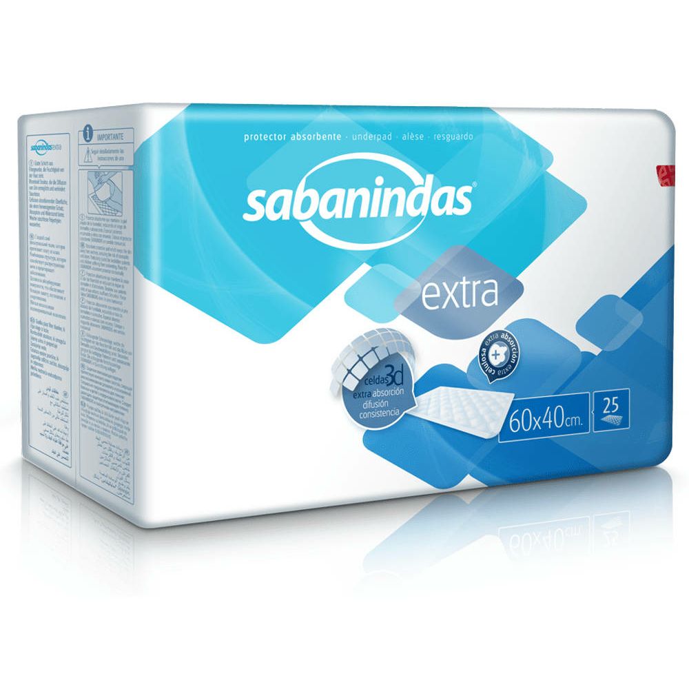 Verpackung von Sabanindas Extra Bettschutzeinlage. Blaue und weiße Verpackung mit Produktnamen und Größenangabe 60x40cm, 25 Stück.