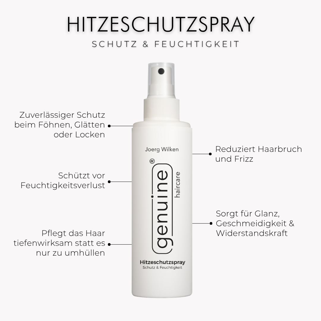 Weiße Sprühflasche mit schwarzem Sprühkopf. Beschriftung: genuine haircare, Hitzeschutzspray, Schutz & Feuchtigkeit. Text mit Produktvorteilen.