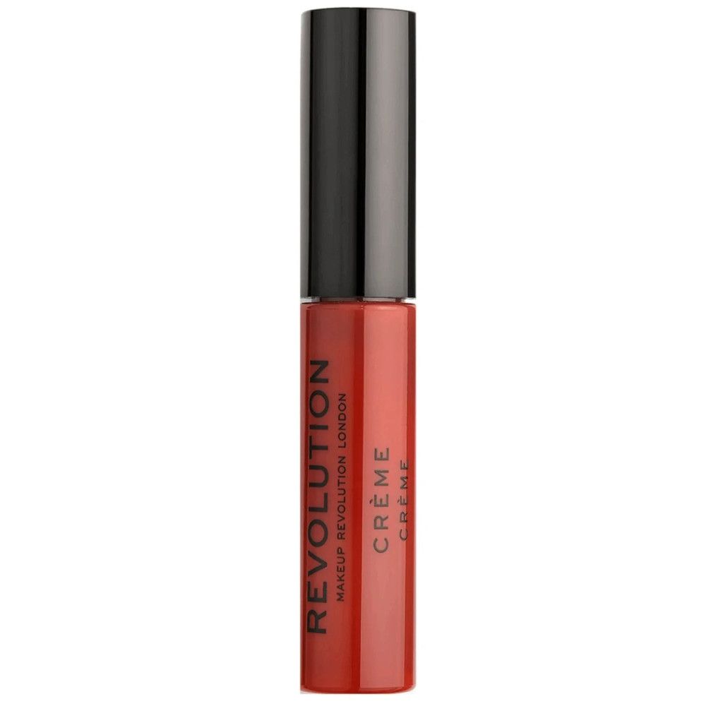 Roter Lippenstift in einer zylindrischen Hülse mit schwarzem Deckel. Aufschrift: REVOLUTION, CRÈME.