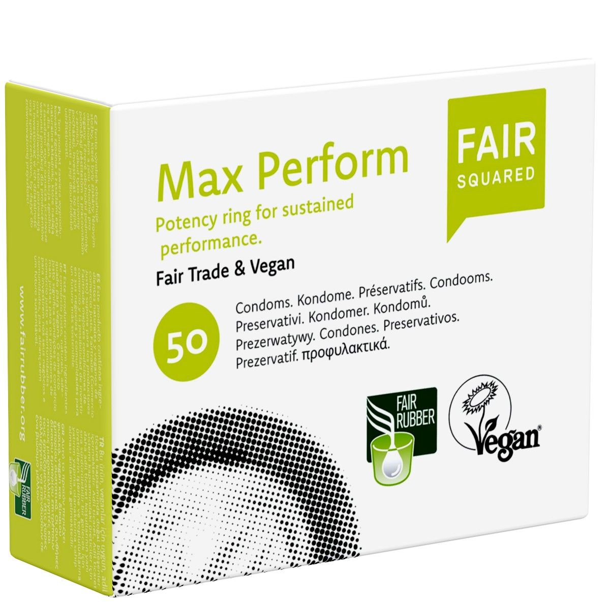 Weiße Verpackung mit "Max Perform" und "Fair Squared" Schriftzug. Enthält 50 Kondome. Vegan und Fair Trade Siegel.