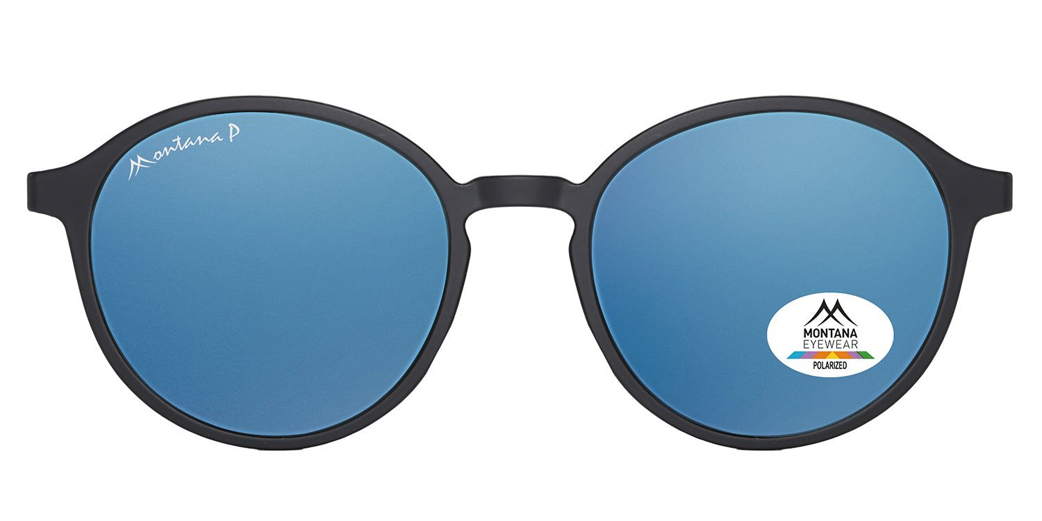 Runde Sonnenbrille mit blauen Gläsern. Schwarzer Rahmen. Logo Montana Eyewear. Polarisiert-Aufkleber.
