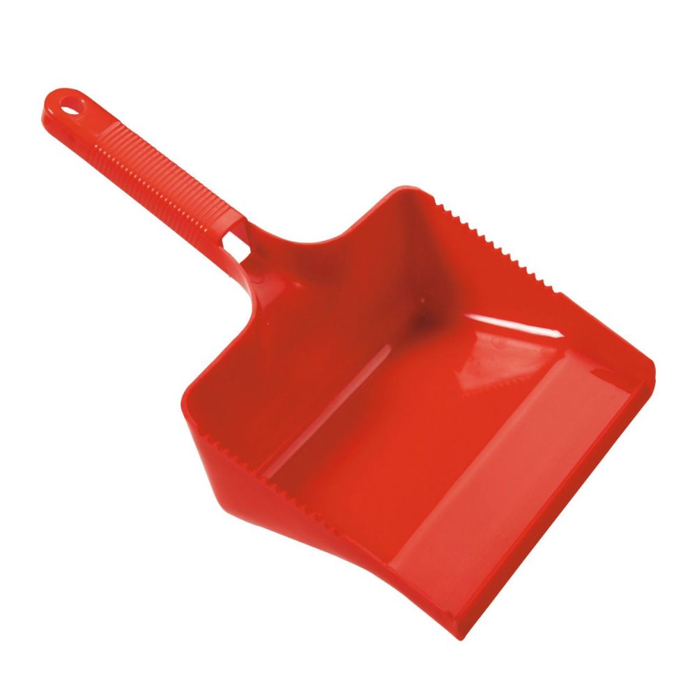 Rote, eckige Kehrschaufel mit Griff und Besenkammer. Griff mit Loch. Ohne Lippe.