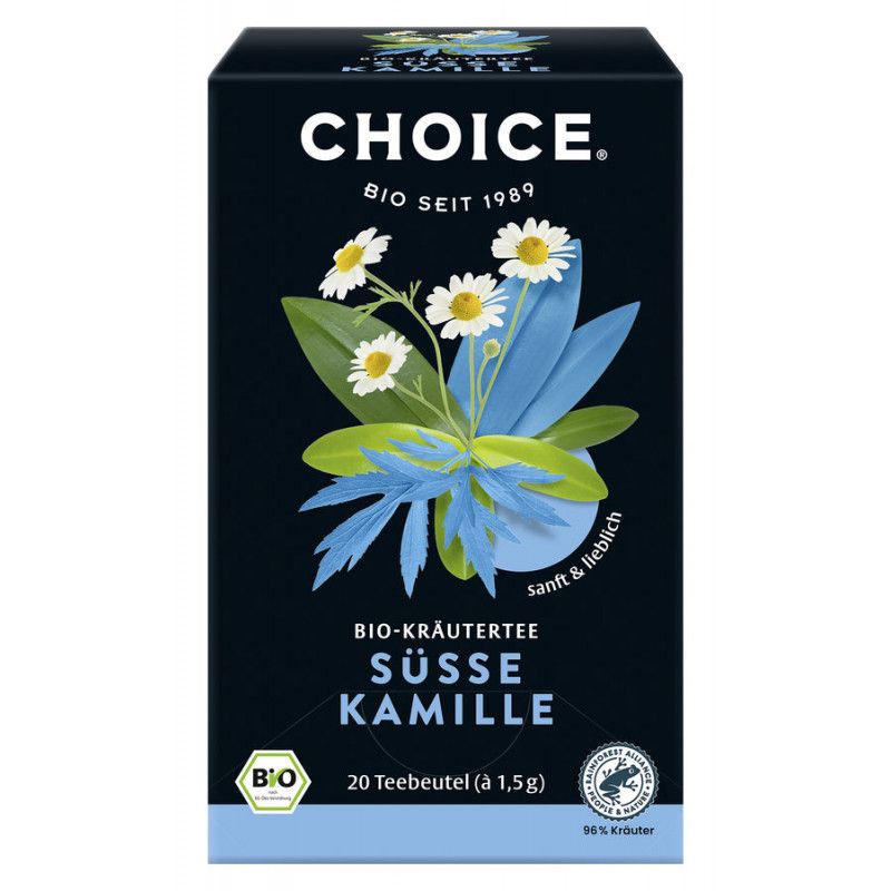 Dunkelblaue Schachtel mit Kamillenblüten-Illustration. Text: BIO-Kräutertee Süße Kamille, 20 Teebeutel. Bio-Siegel und Markenlogo.