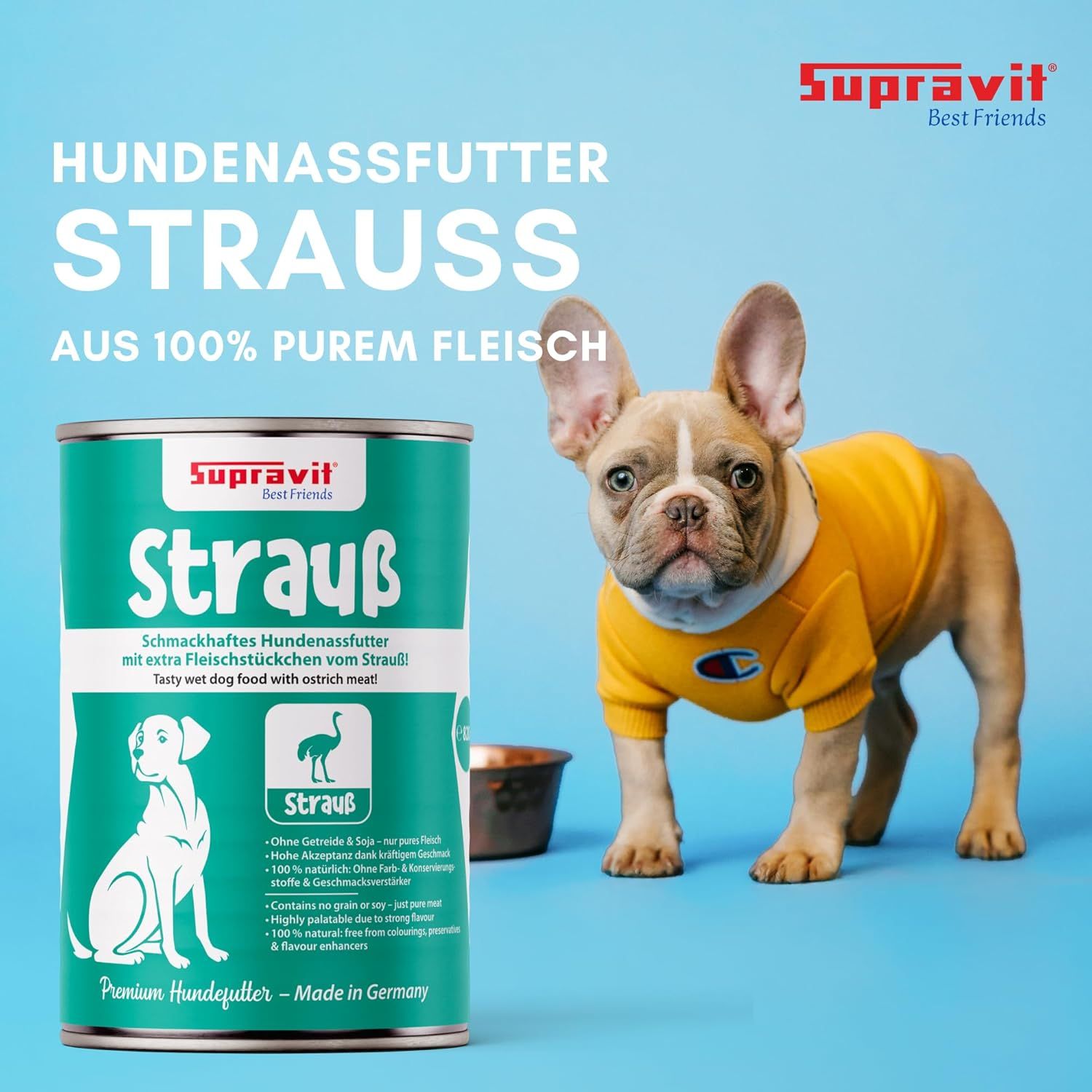 Hundenassfutter-Dose mit Strauß-Aufdruck und Hund. Text: Aus 100% purem Fleisch. Marke: Supravit Best Friends.
