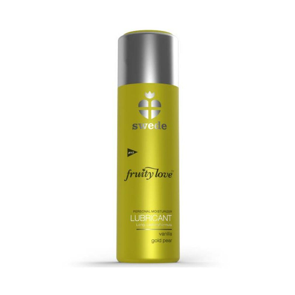 Gelbe Flasche mit silbernem Deckel. Aufschrift: Swede, fruity love, Lubricant, Vanille Gold Pear.