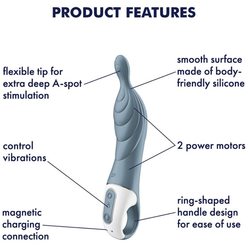 Blau-grauer Vibrator mit Produktmerkmalen. Flexible Spitze, 2 Motoren, Ringgriff, magnetischer Ladeanschluss.