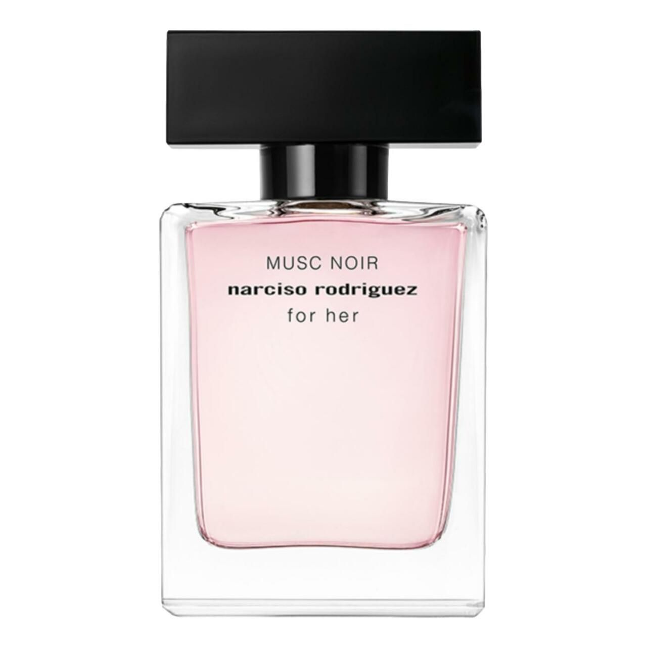Flacone quadrato in vetro con tappo nero. Scritta: Musc Noir, Narciso Rodriguez, for her. Liquido rosa.