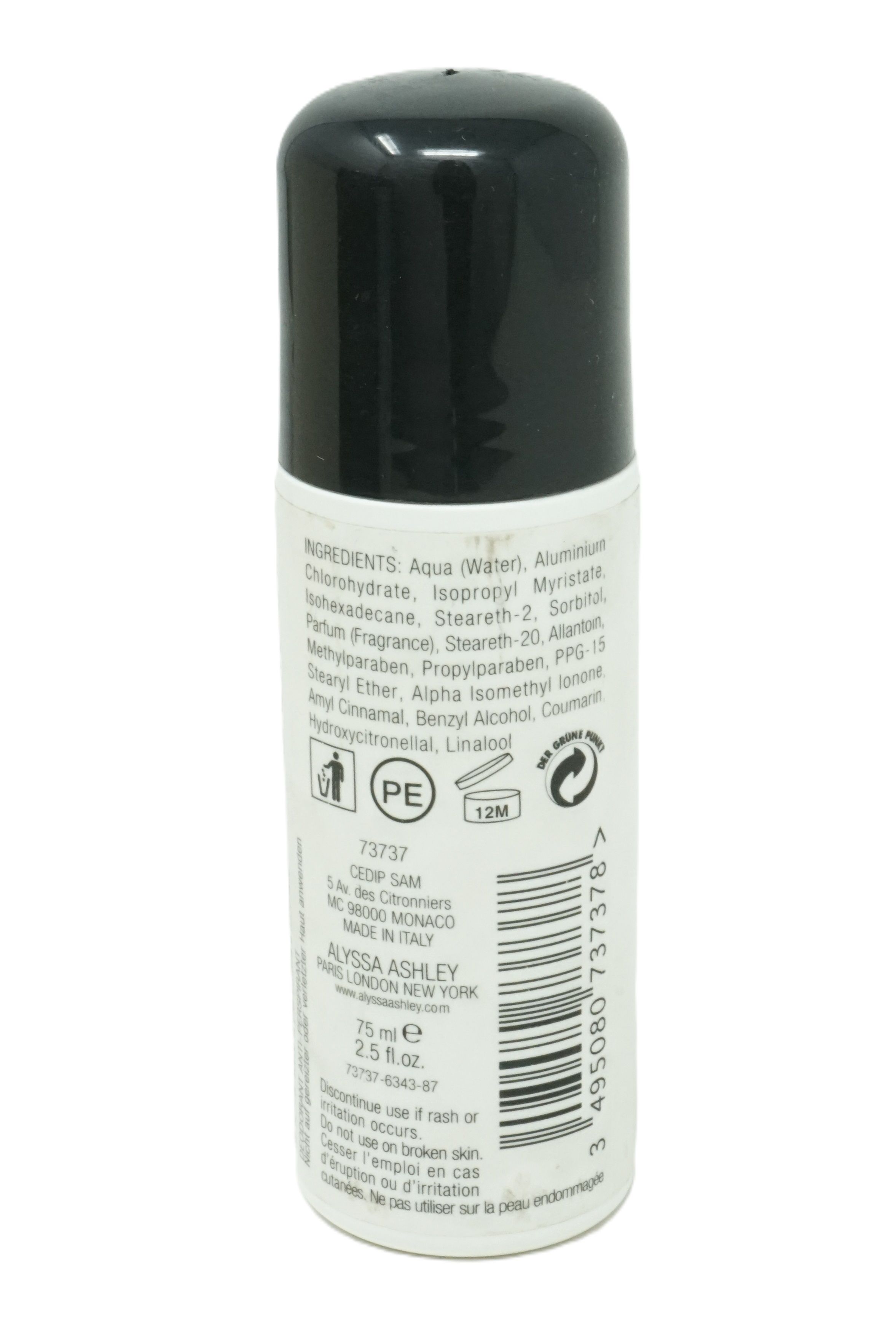 Rückseite des Roll-on-Deodorants. Zutatenliste, Herstellerinformationen und Barcode.