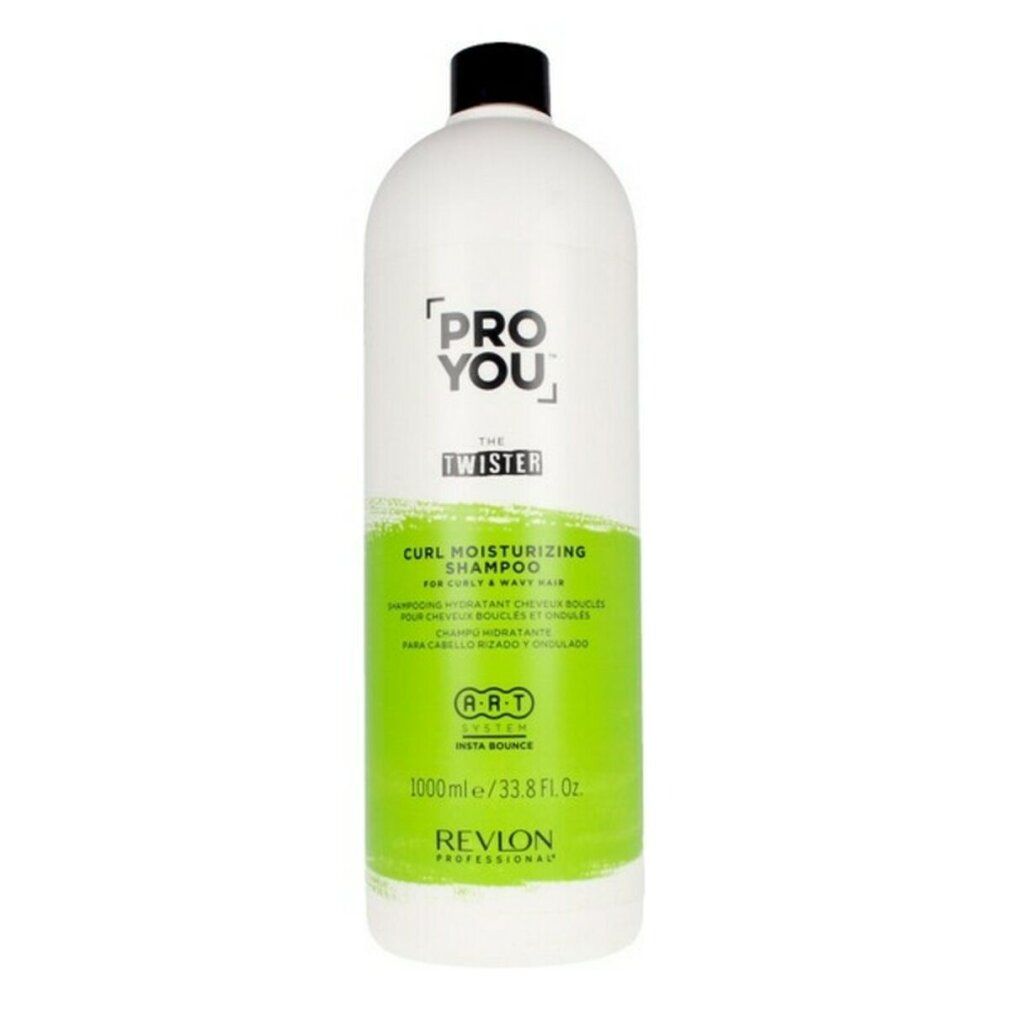 Weiße Flasche mit schwarzem Deckel. Aufschrift: Pro You The Twister Shampoo. Grünes Etikett mit Text und Logo.