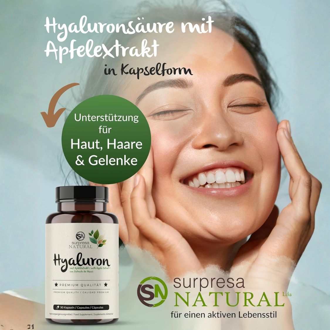 Flasche Surpresa Natural Hyaluron Kapseln neben lächelnder Frau. Für Haut, Haare & Gelenke.