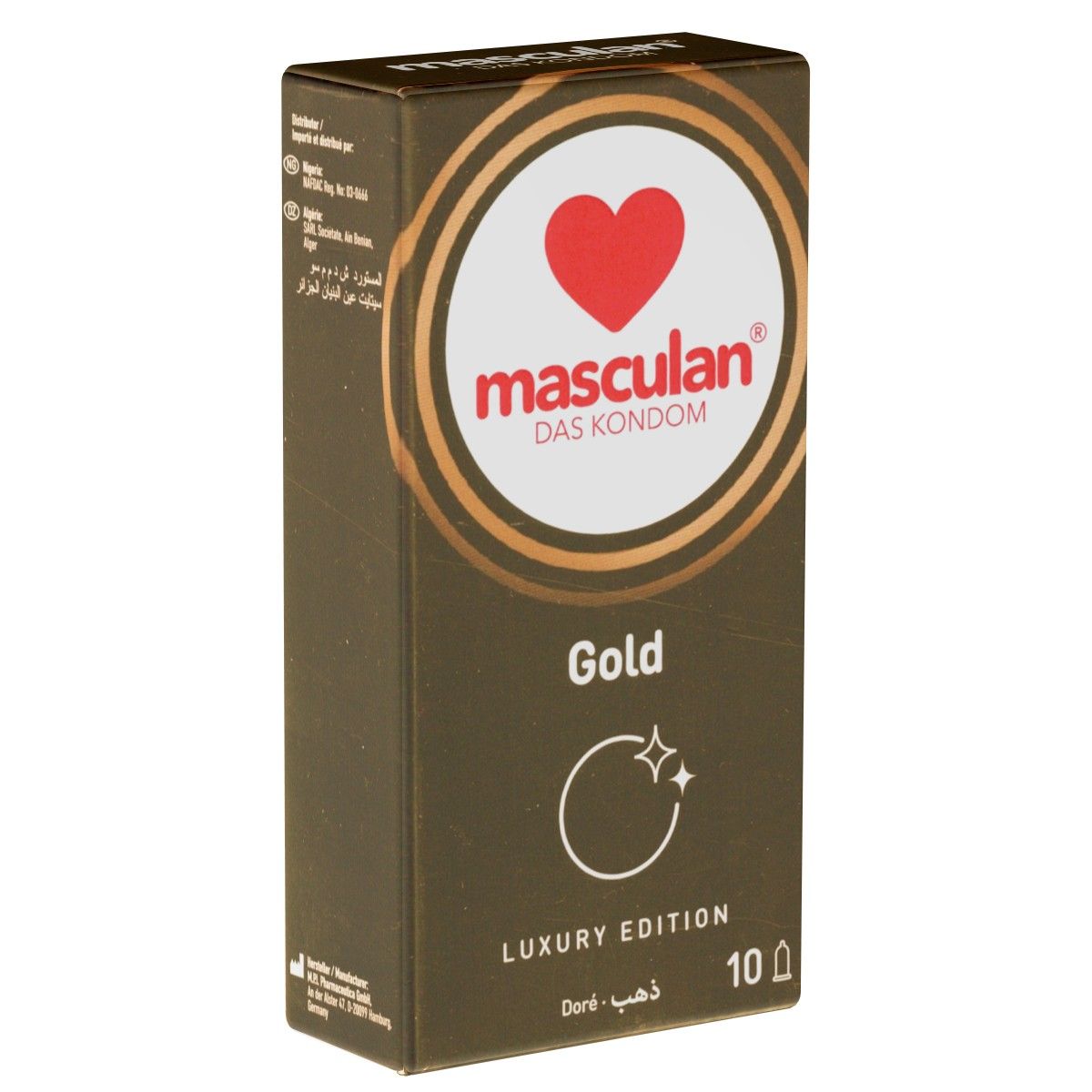 Confezione di preservativi Masculan Gold. Scatola marrone con cuore rosso, marchio e scritta "Gold". 10 pezzi.