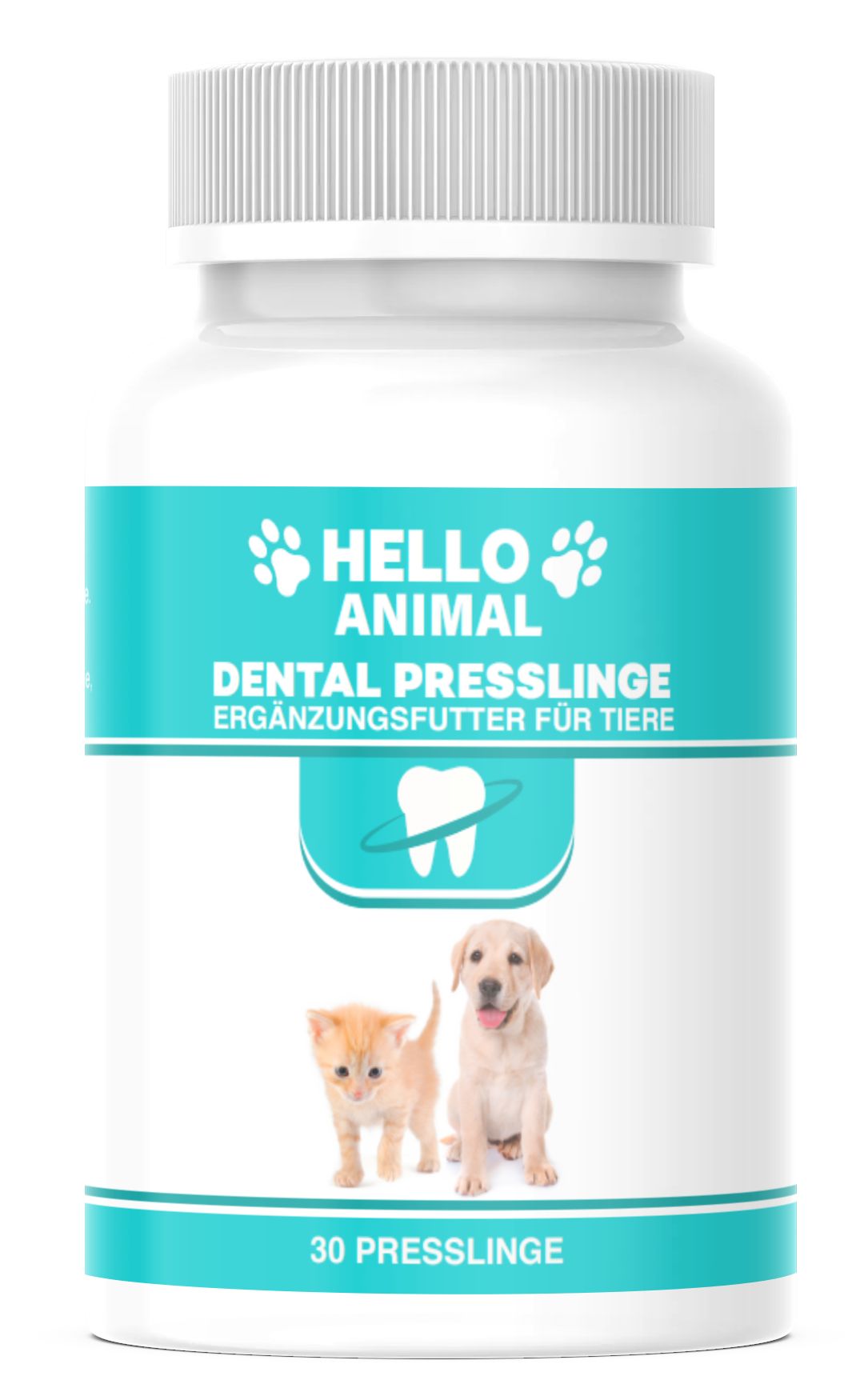 Weiße Flasche mit "HELLO ANIMAL" und "DENTAL PRESSLINGE". Abbildung von Katze und Hund. 30 Presslinge.