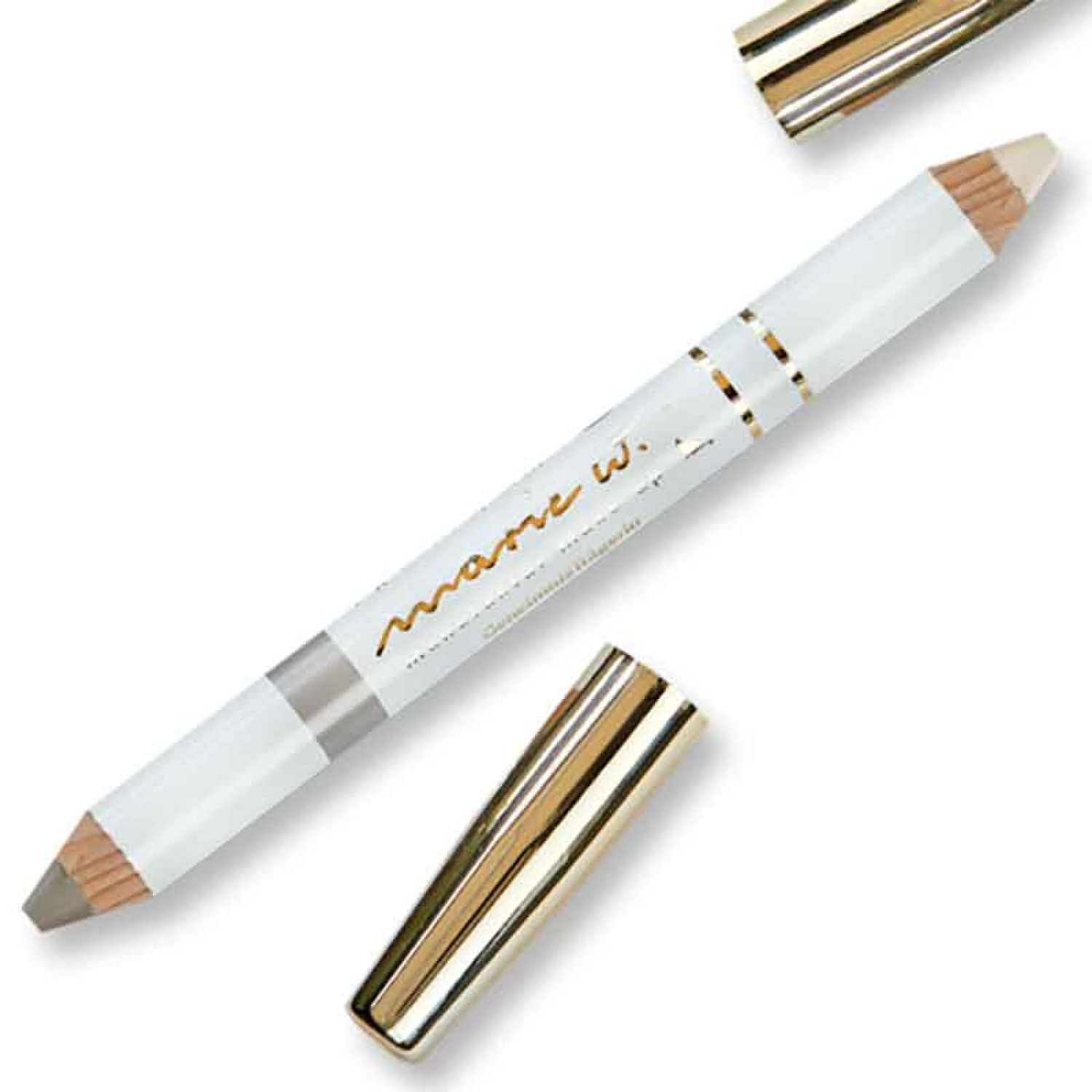 Doppel-Lidschattenstift mit goldfarbenen Kappen. Aufschrift "marie w.". Ein Ende hell, das andere grau.