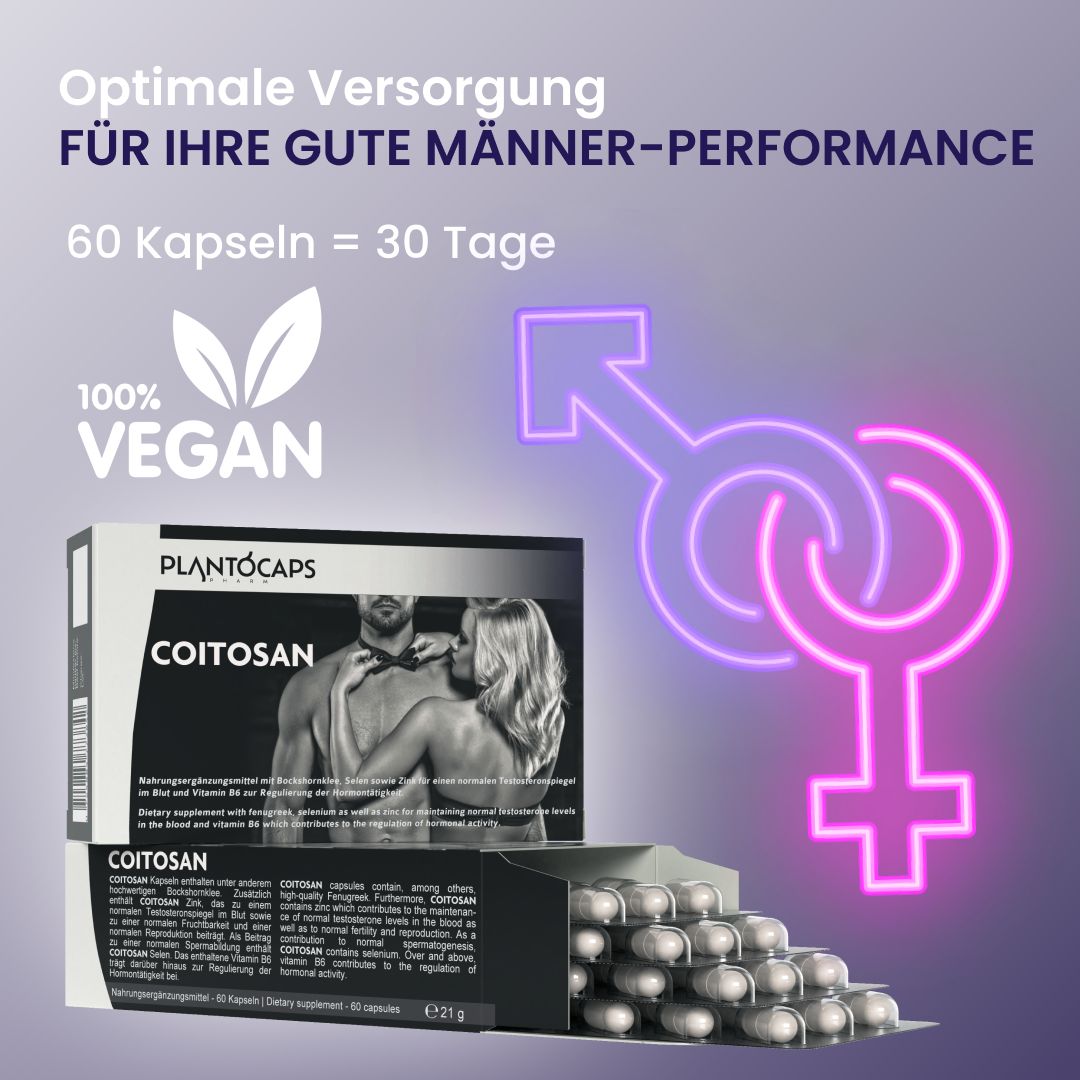 Schachtel mit plantoCAPS COITOSAN, 60 Kapseln. Vegan-Siegel. Männlich/weiblich-Symbol. Text: Optimale Versorgung für Ihre gute Männer-Performance.