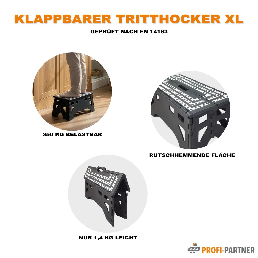 Ein schwarzer, faltbarer Tritthocker XL, 350 kg belastbar, mit rutschhemmender Fläche und Tragegriff.