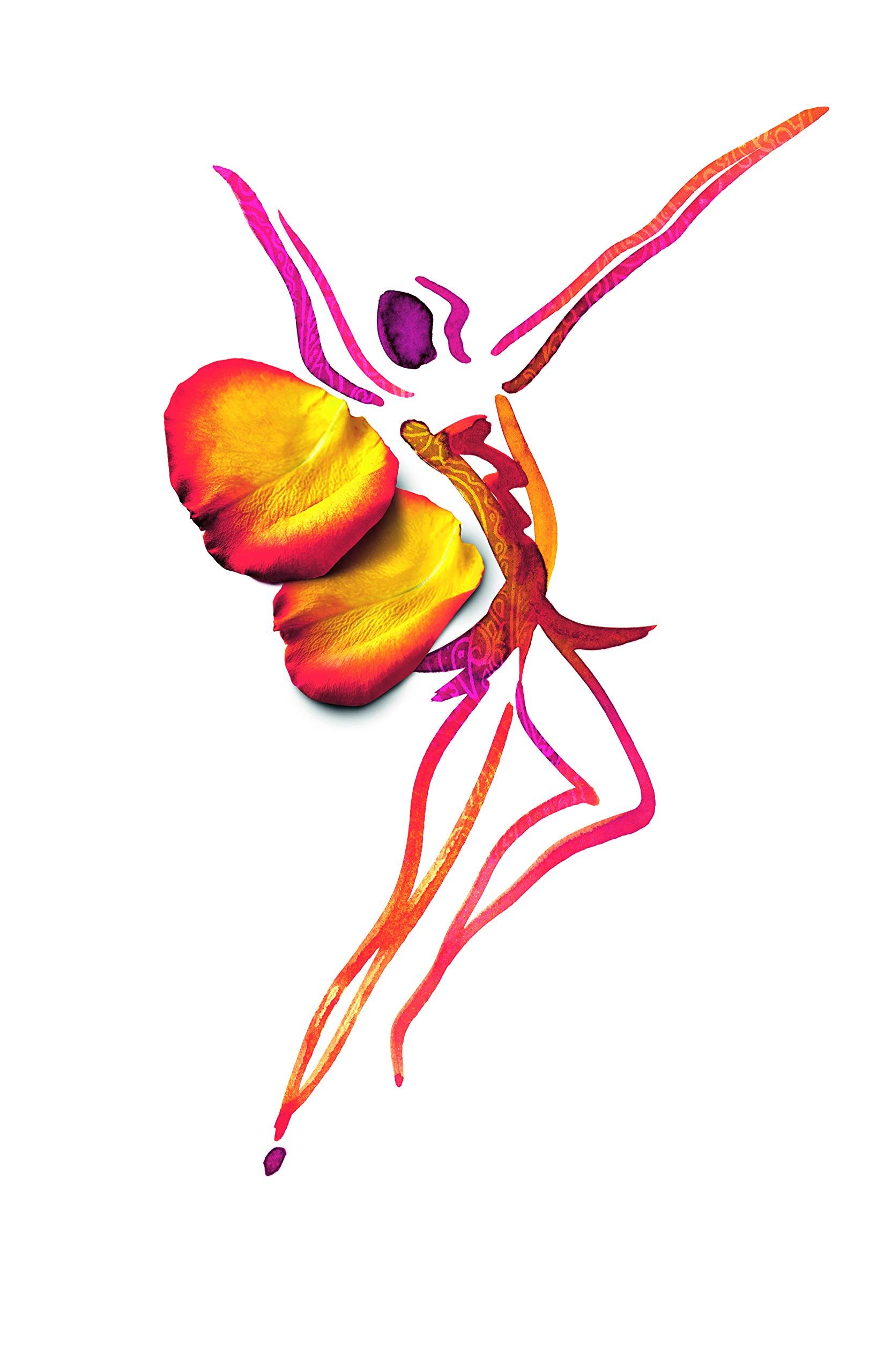 Abstrakte Darstellung einer tanzenden Figur aus Blütenblättern und farbigen Linien.