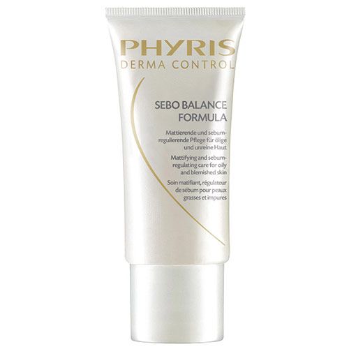 Creme-Tube mit Aufschrift PHYRIS DERMA CONTROL SEBO BALANCE FORMULA. Text in Deutsch, Englisch und Französisch.